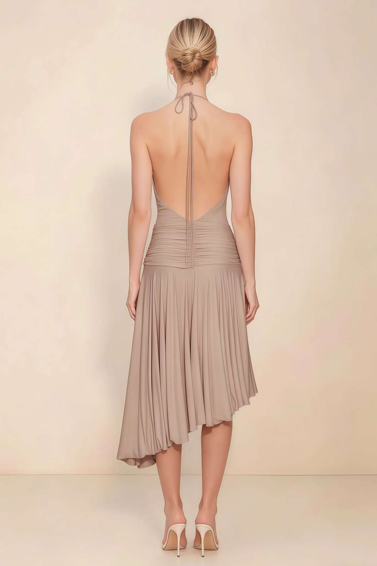 Amalia Taupe Halter Asymmetric Hem Slinky Midi Dress