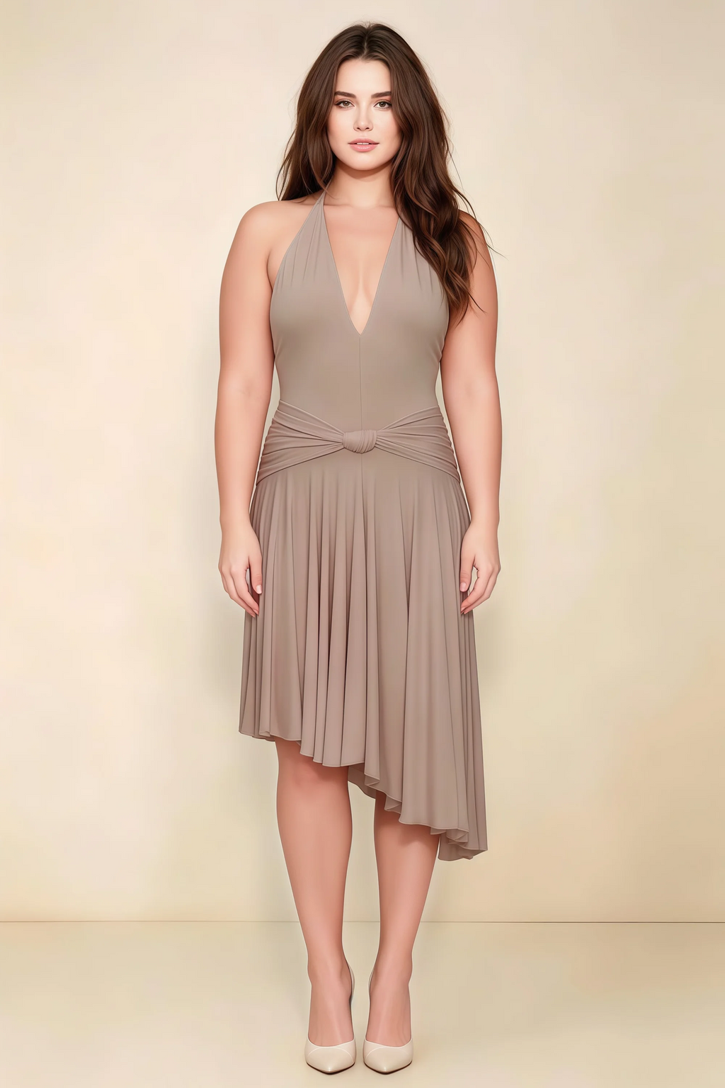 Amalia Taupe Halter Asymmetric Hem Slinky Midi Dress