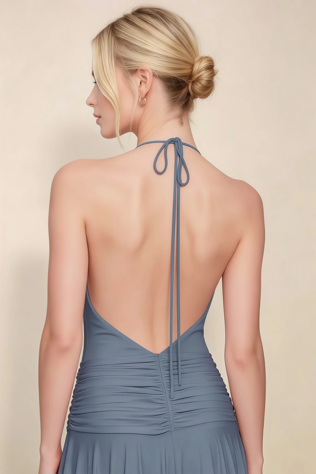 Amalia Twilight Halter Asymmetric Hem Slinky Midi Dress