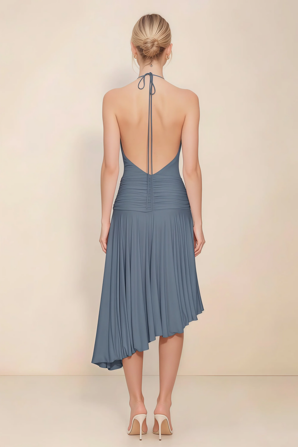 Amalia Twilight Halter Asymmetric Hem Slinky Midi Dress