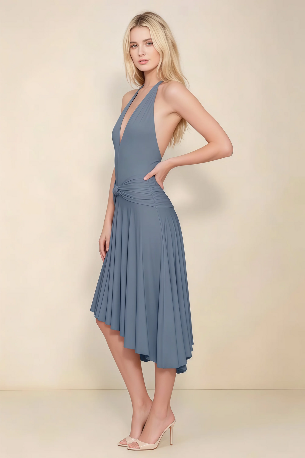 Amalia Twilight Halter Asymmetric Hem Slinky Midi Dress