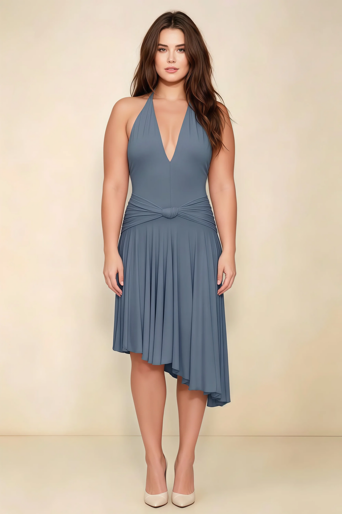 Amalia Twilight Halter Asymmetric Hem Slinky Midi Dress