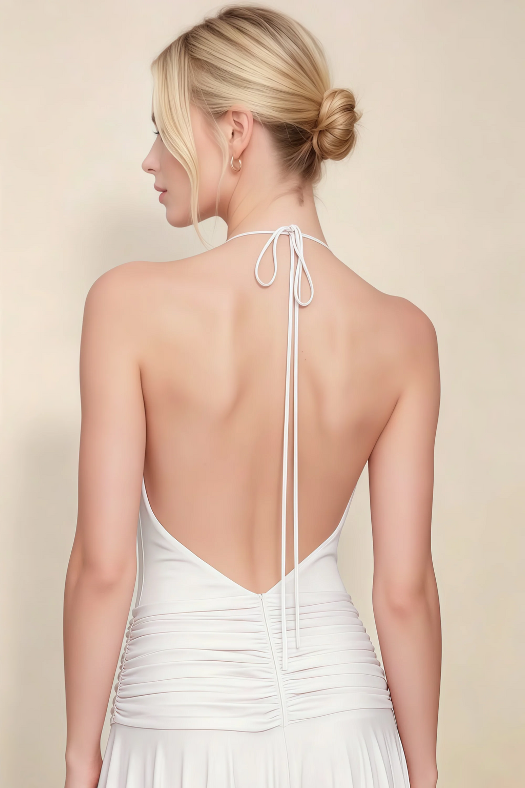 Amalia White Halter Asymmetric Hem Slinky Midi Dress