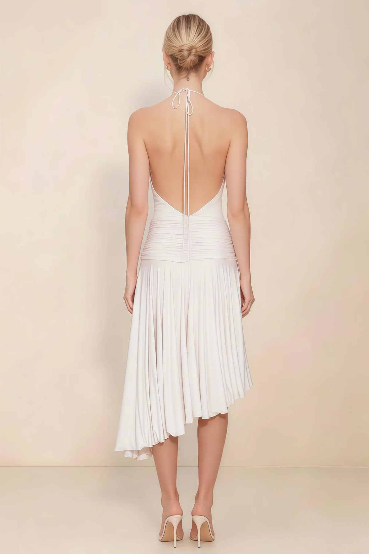 Amalia White Halter Asymmetric Hem Slinky Midi Dress