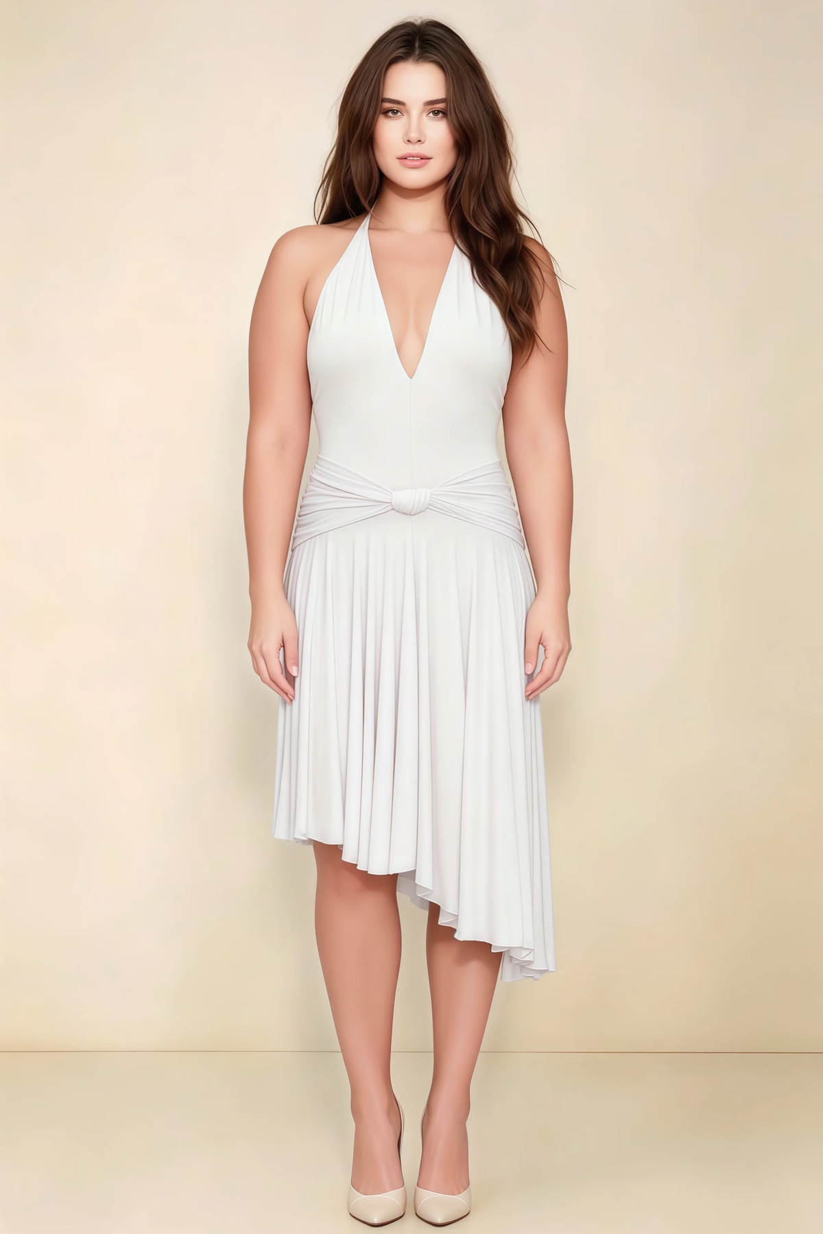 Amalia White Halter Asymmetric Hem Slinky Midi Dress