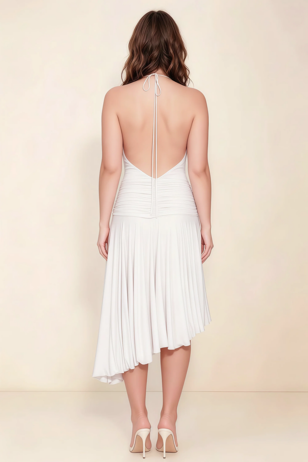 Amalia White Halter Asymmetric Hem Slinky Midi Dress
