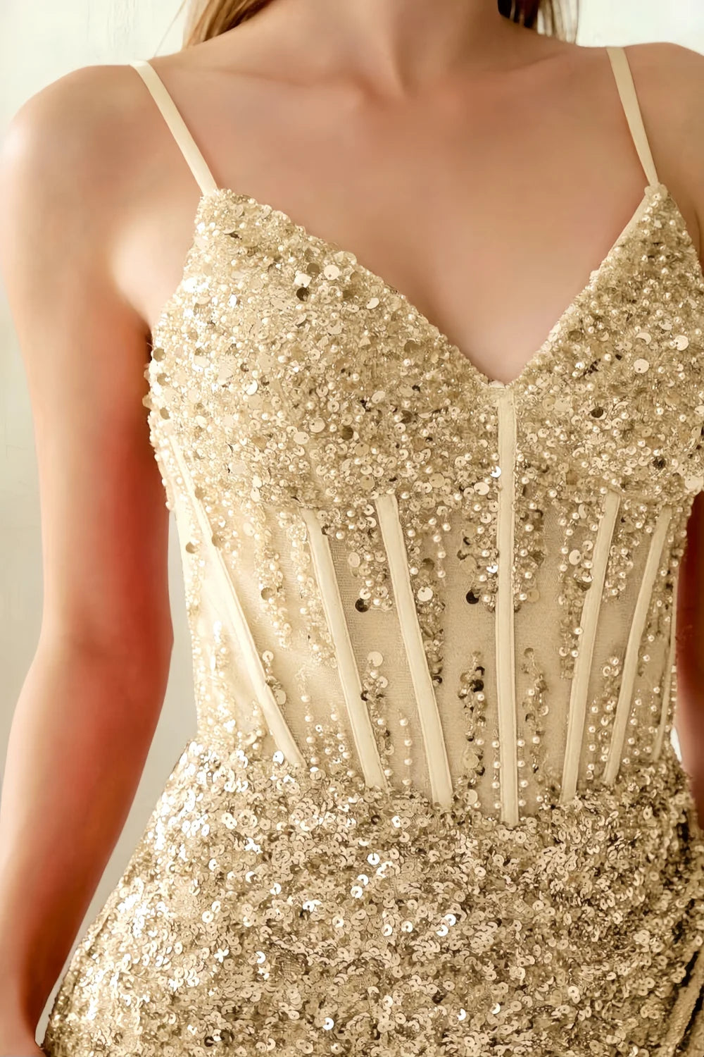 Amanda Champagne Sequin Corset Mini Dress with V-Neck