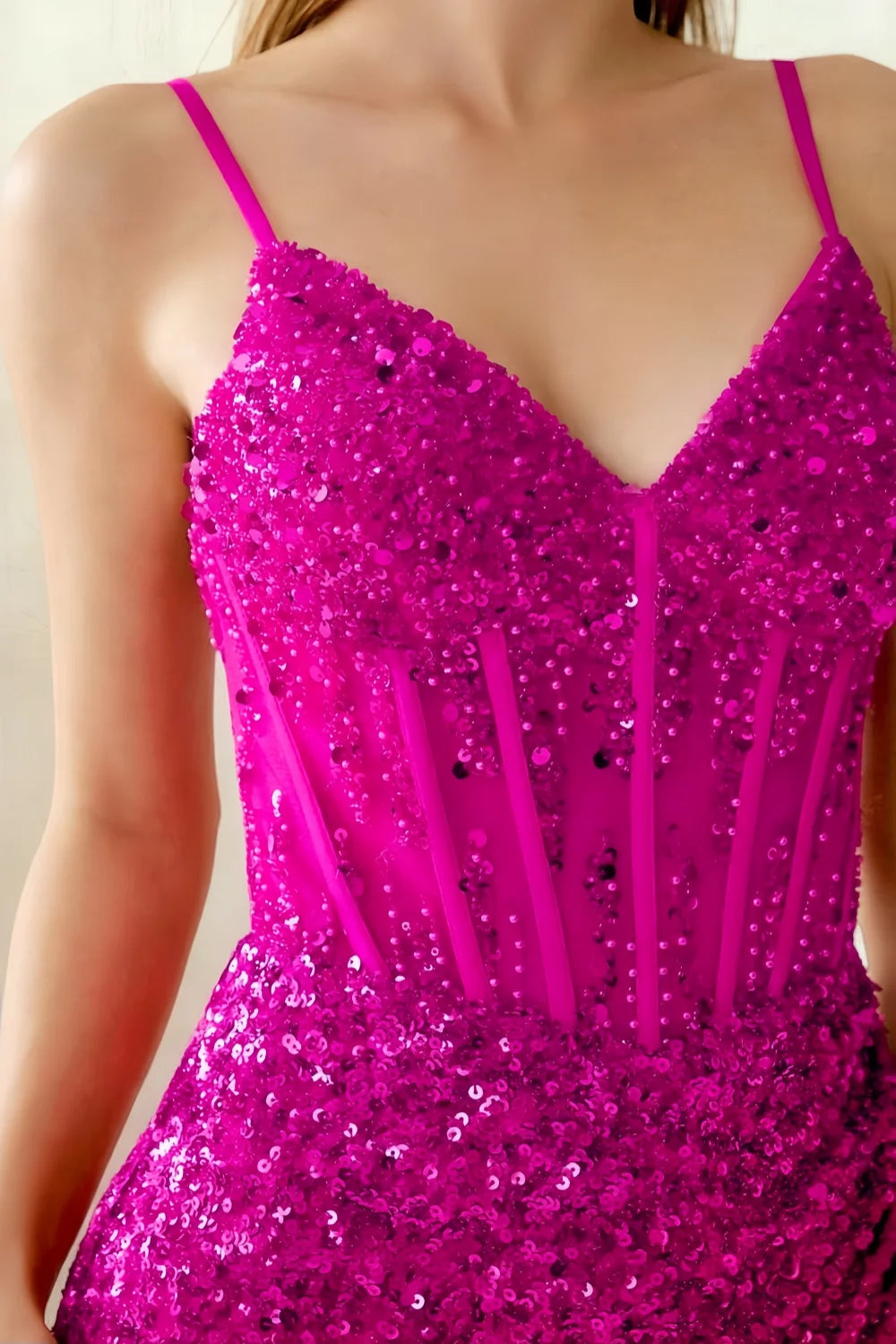 Amanda Fuchsia Sequin Corset Mini Dress with V-Neck