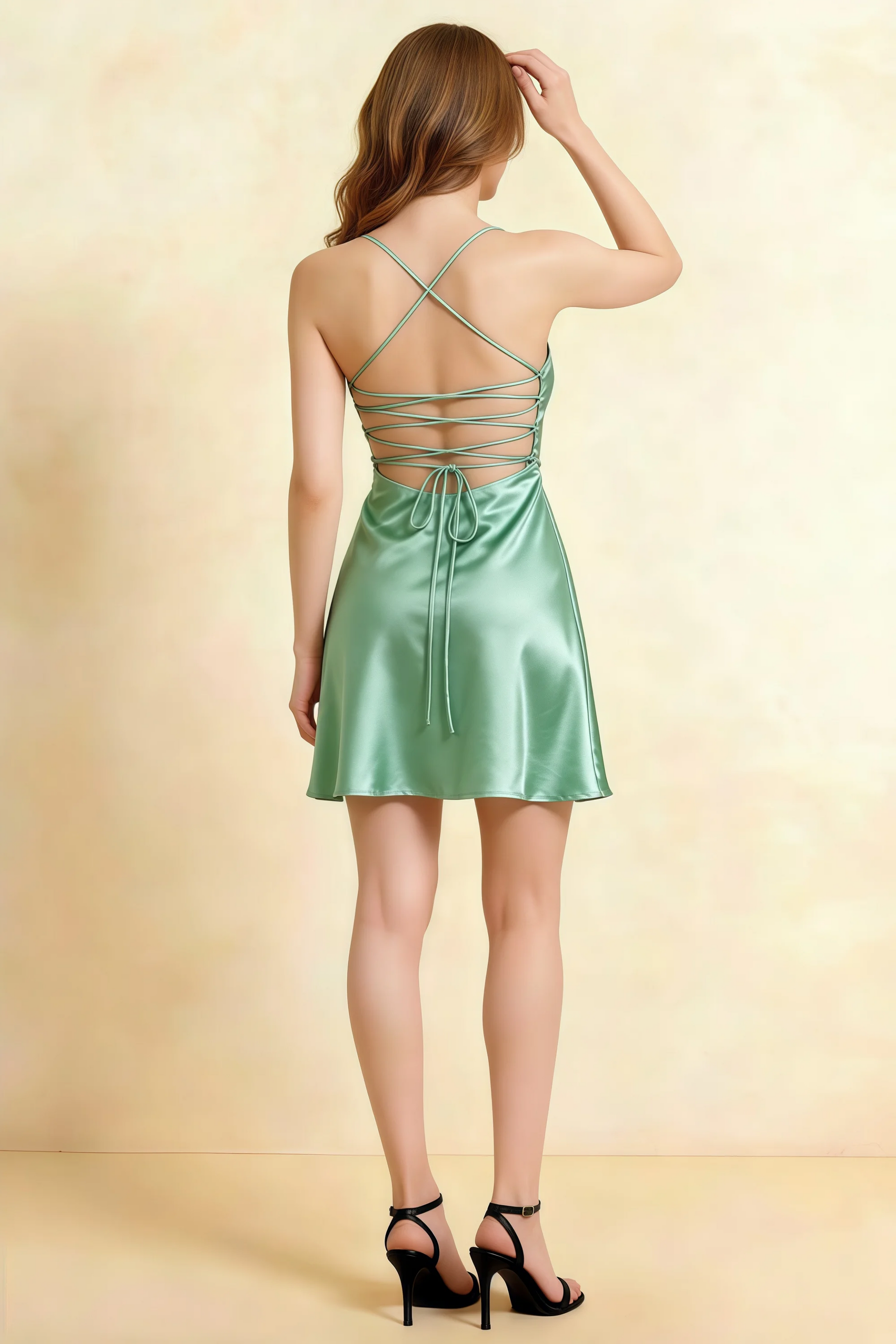 Amy Agave Open Back Mini Dress with Beaded Detail
