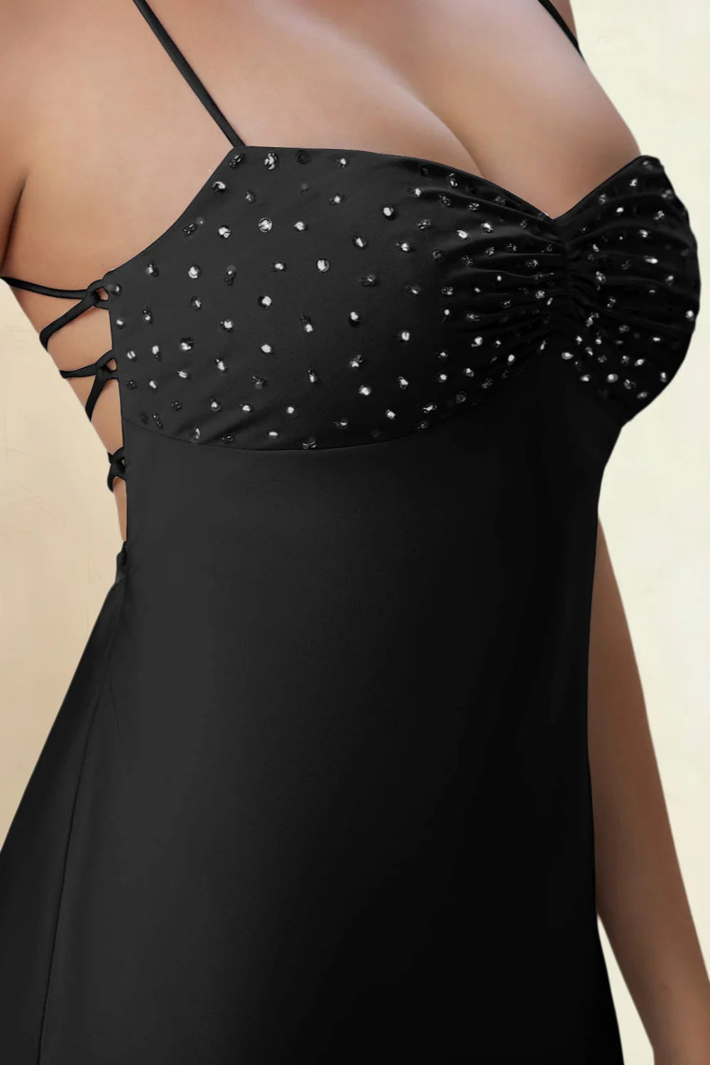 Amy Black Open Back Mini Dress with Beaded Detail