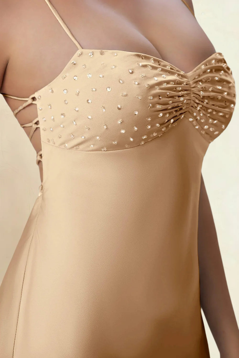 Amy Champagne Open Back Mini Dress with Beaded Detail