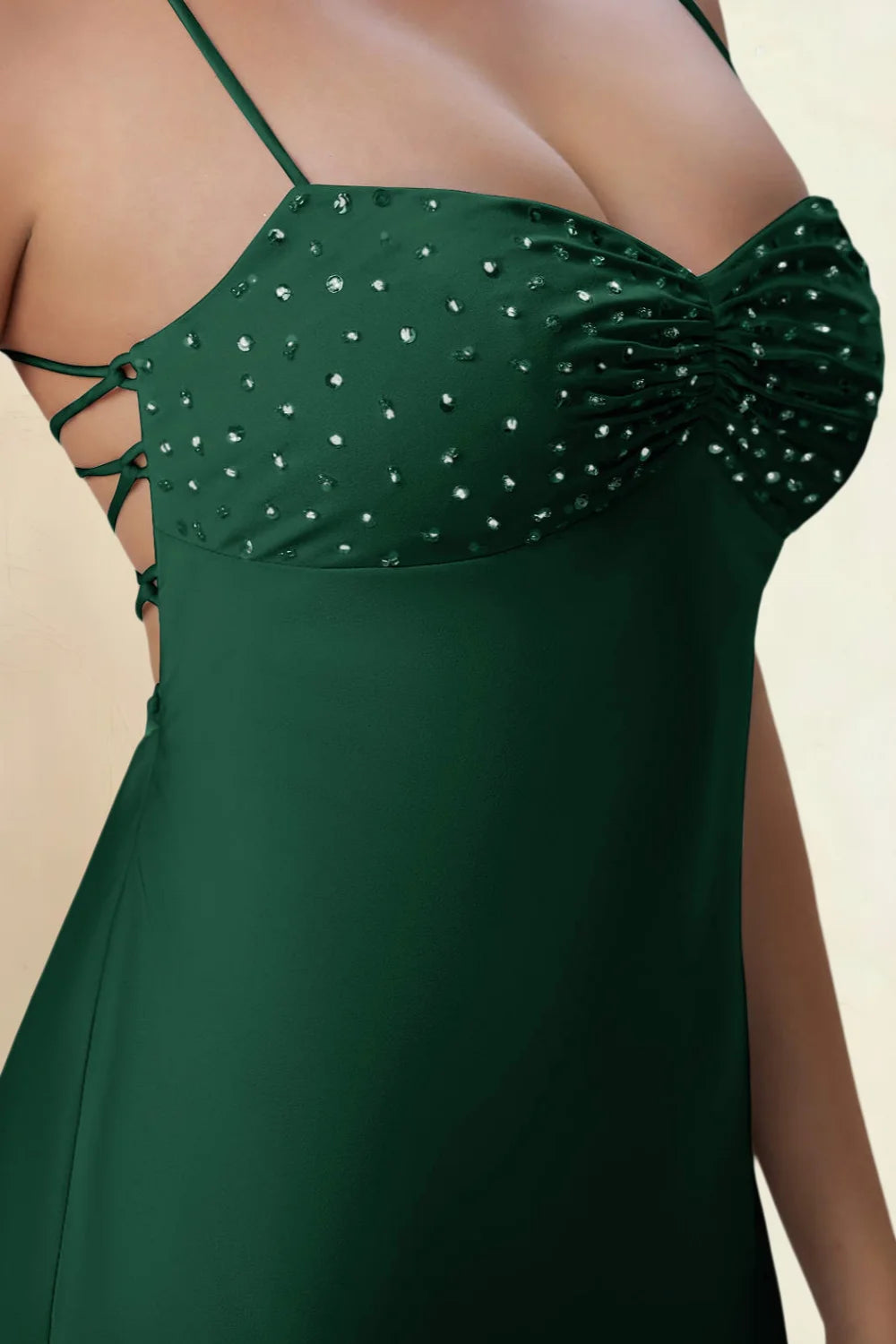 Amy Emerald Green Open Back Mini Dress with Beaded Detail