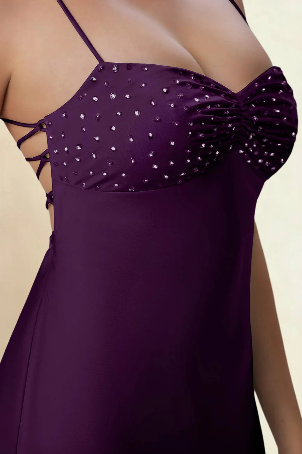 Amy Grape Open Back Mini Dress with Beaded Detail