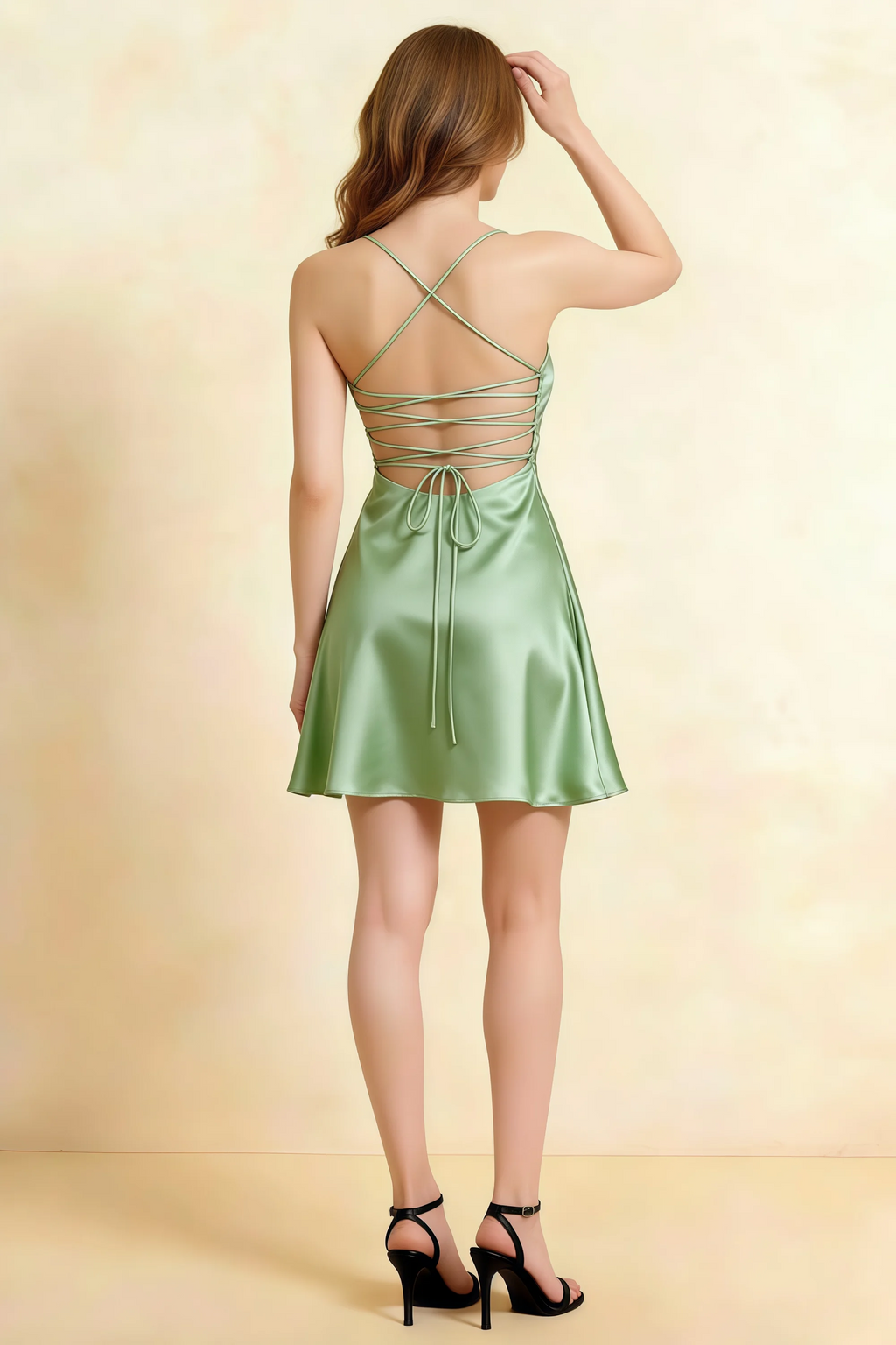 Amy Light Green Open Back Mini Dress with Beaded Detail