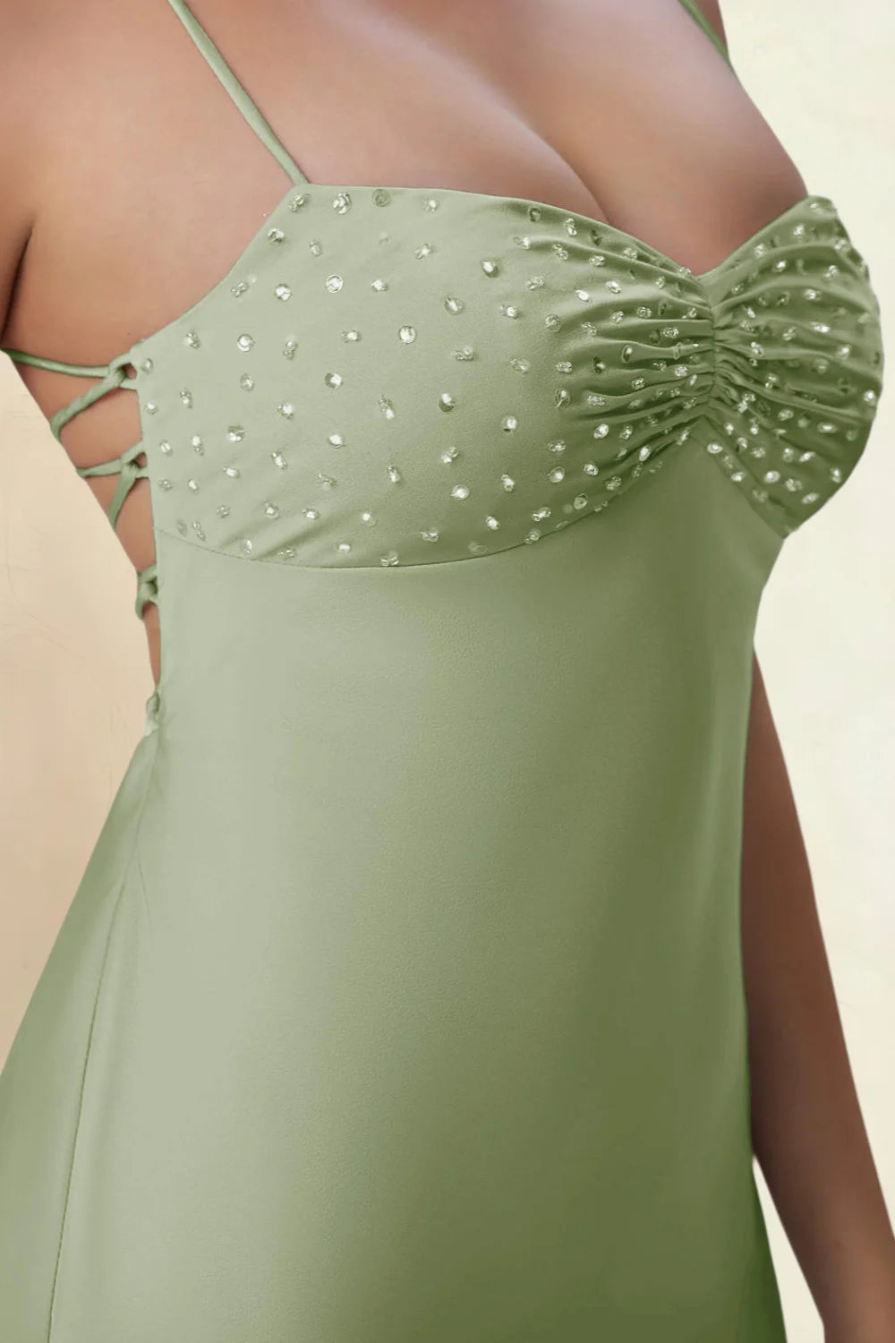 Amy Light Green Open Back Mini Dress with Beaded Detail