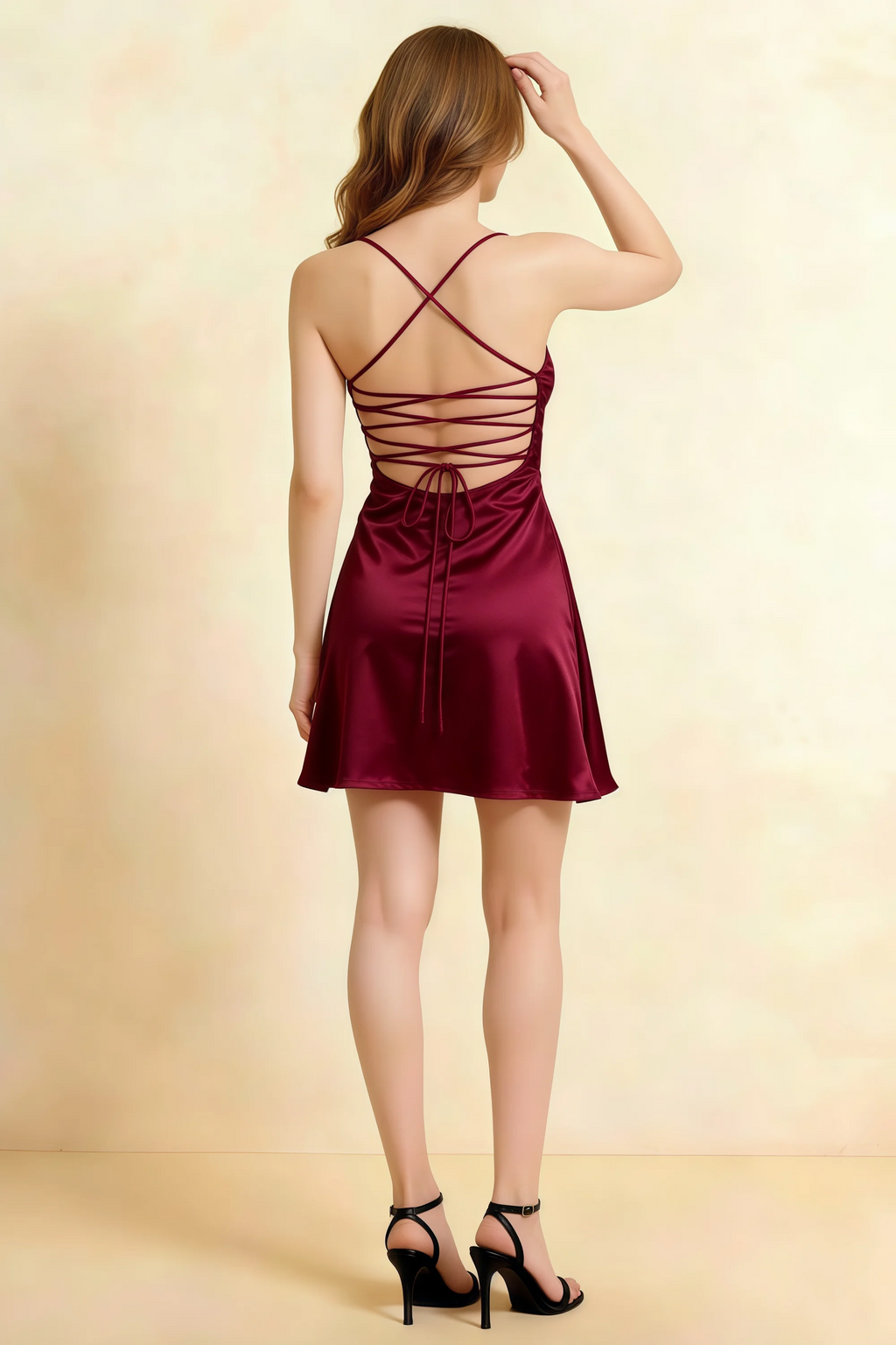 Amy Merlot Open Back Mini Dress with Beaded Detail
