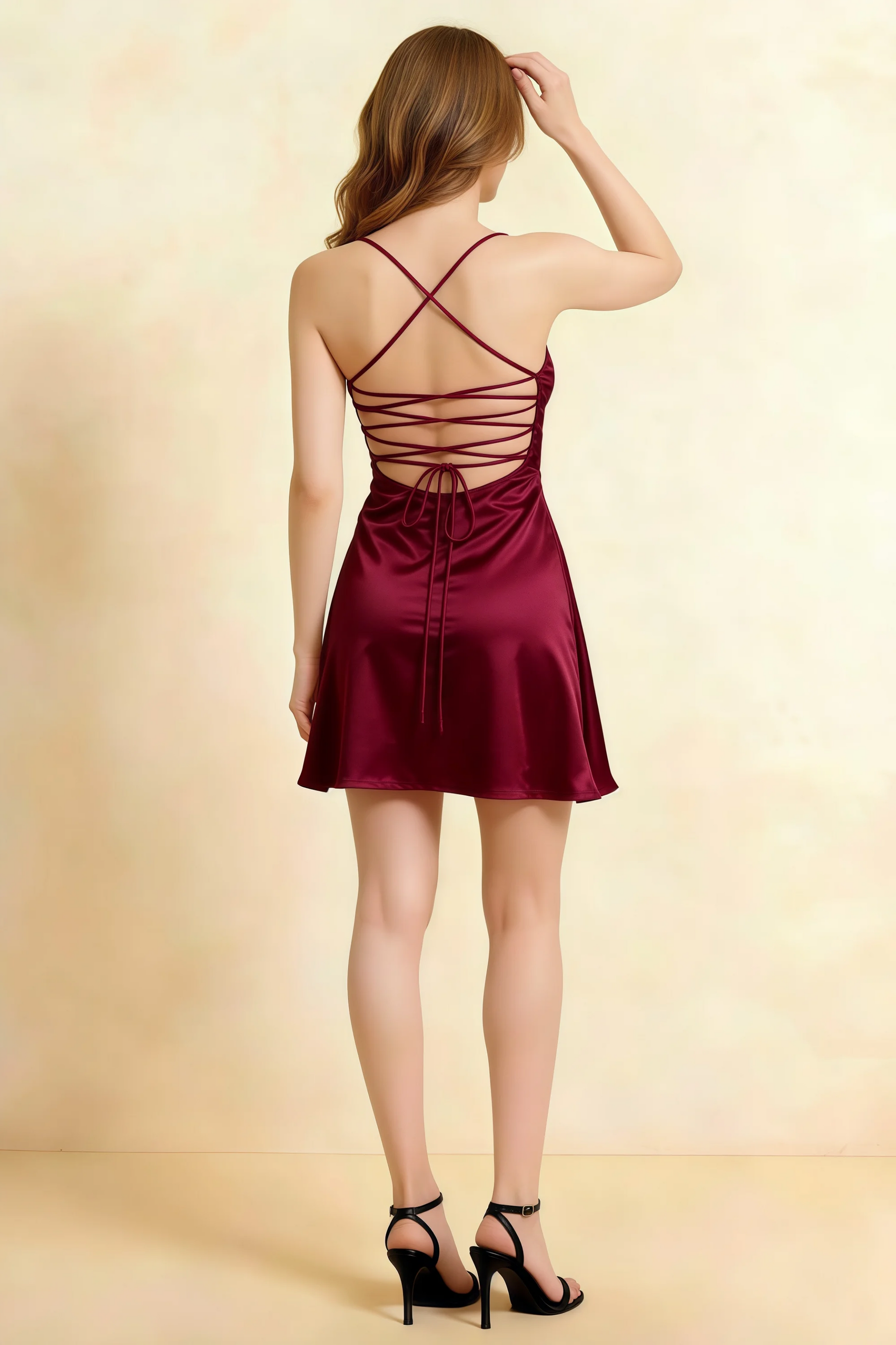 Amy Merlot Open Back Mini Dress with Beaded Detail