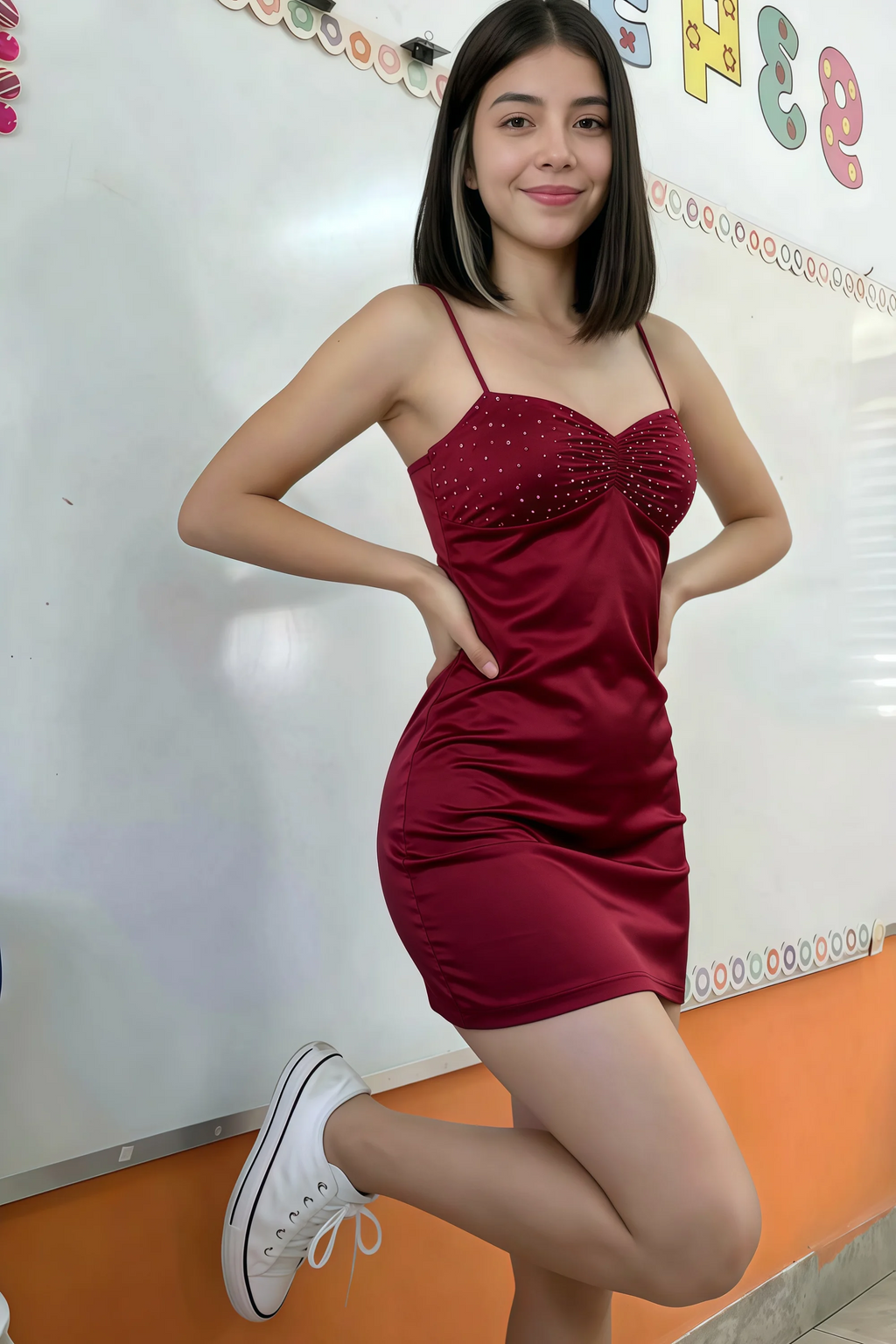 Amy Merlot Open Back Mini Dress with Beaded Detail