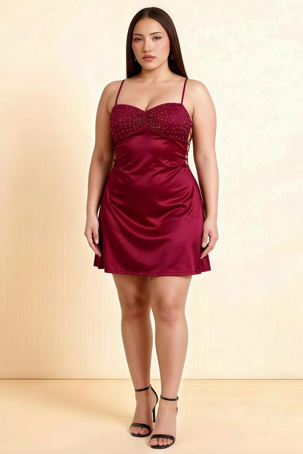 Amy Merlot Open Back Mini Dress with Beaded Detail