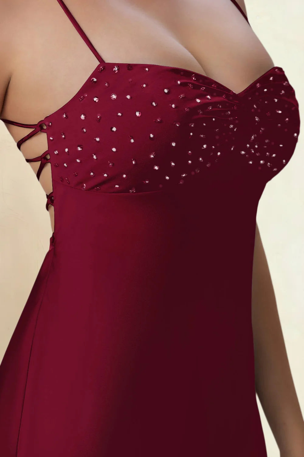 Amy Merlot Open Back Mini Dress with Beaded Detail
