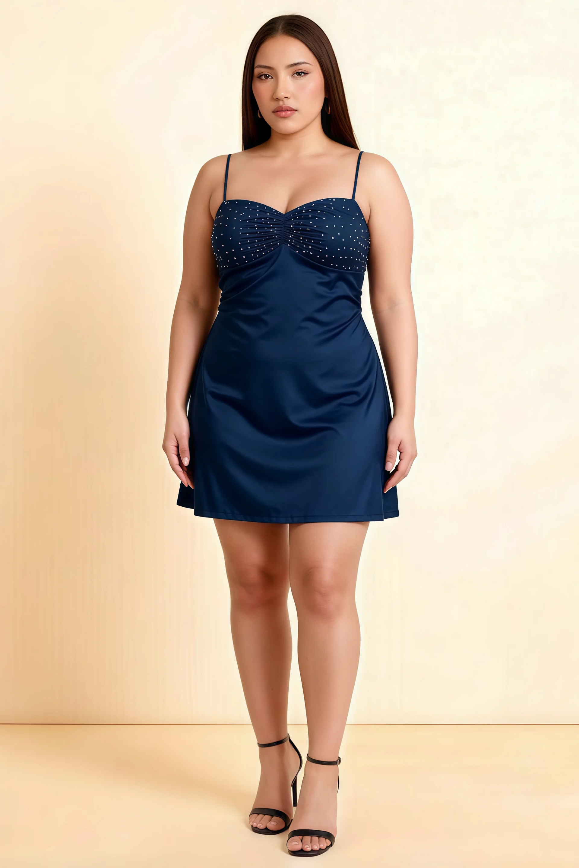 Amy Navy Open Back Mini Dress with Beaded Detail