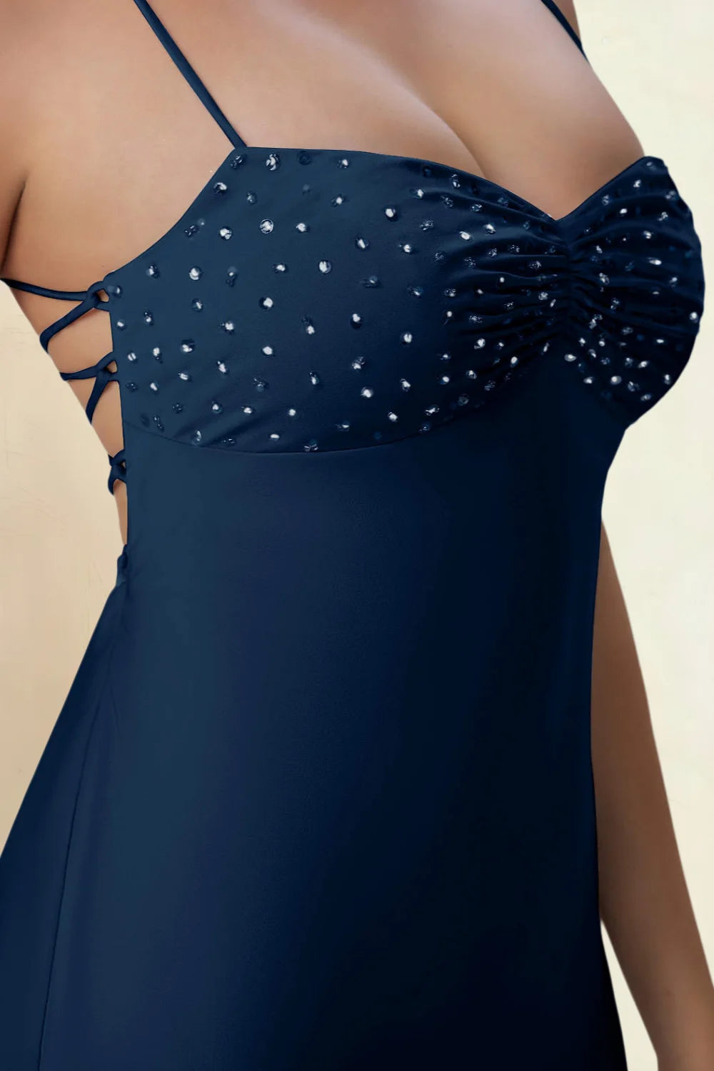 Amy Navy Open Back Mini Dress with Beaded Detail