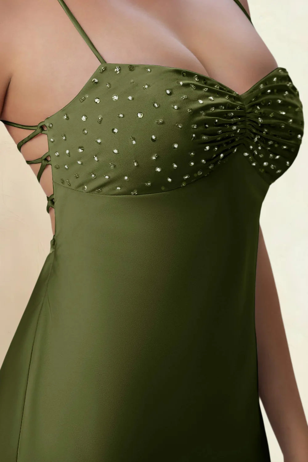 Amy Olive Open Back Mini Dress with Beaded Detail