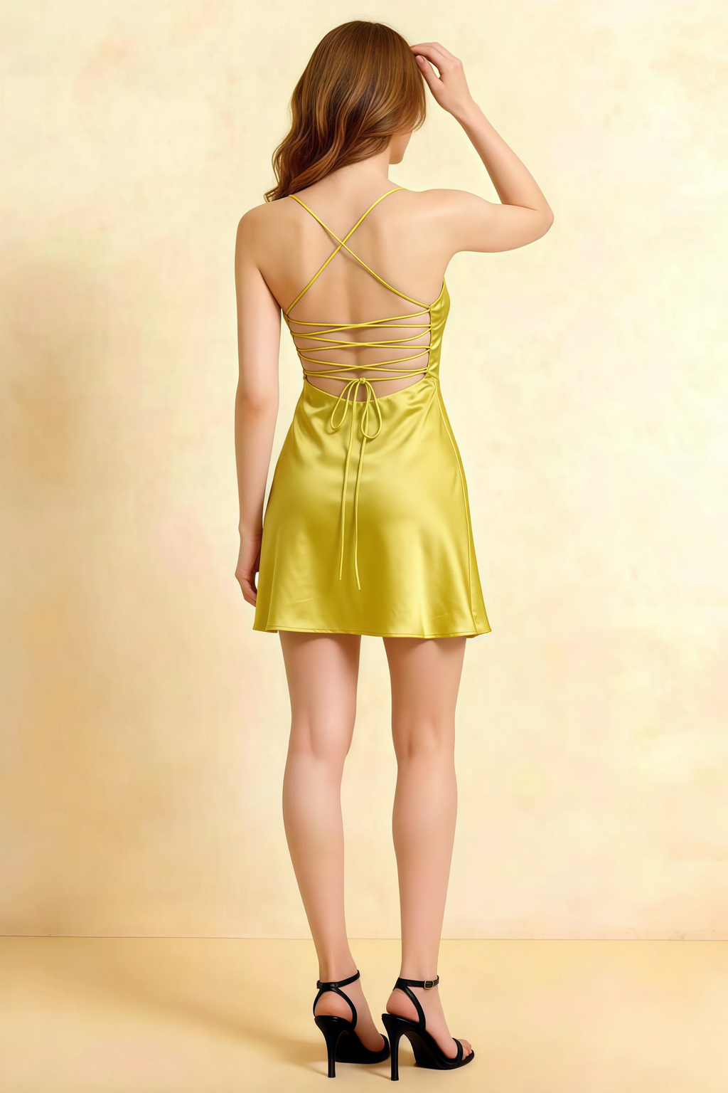 Amy Pastel Yellow Open Back Mini Dress with Beaded Detail