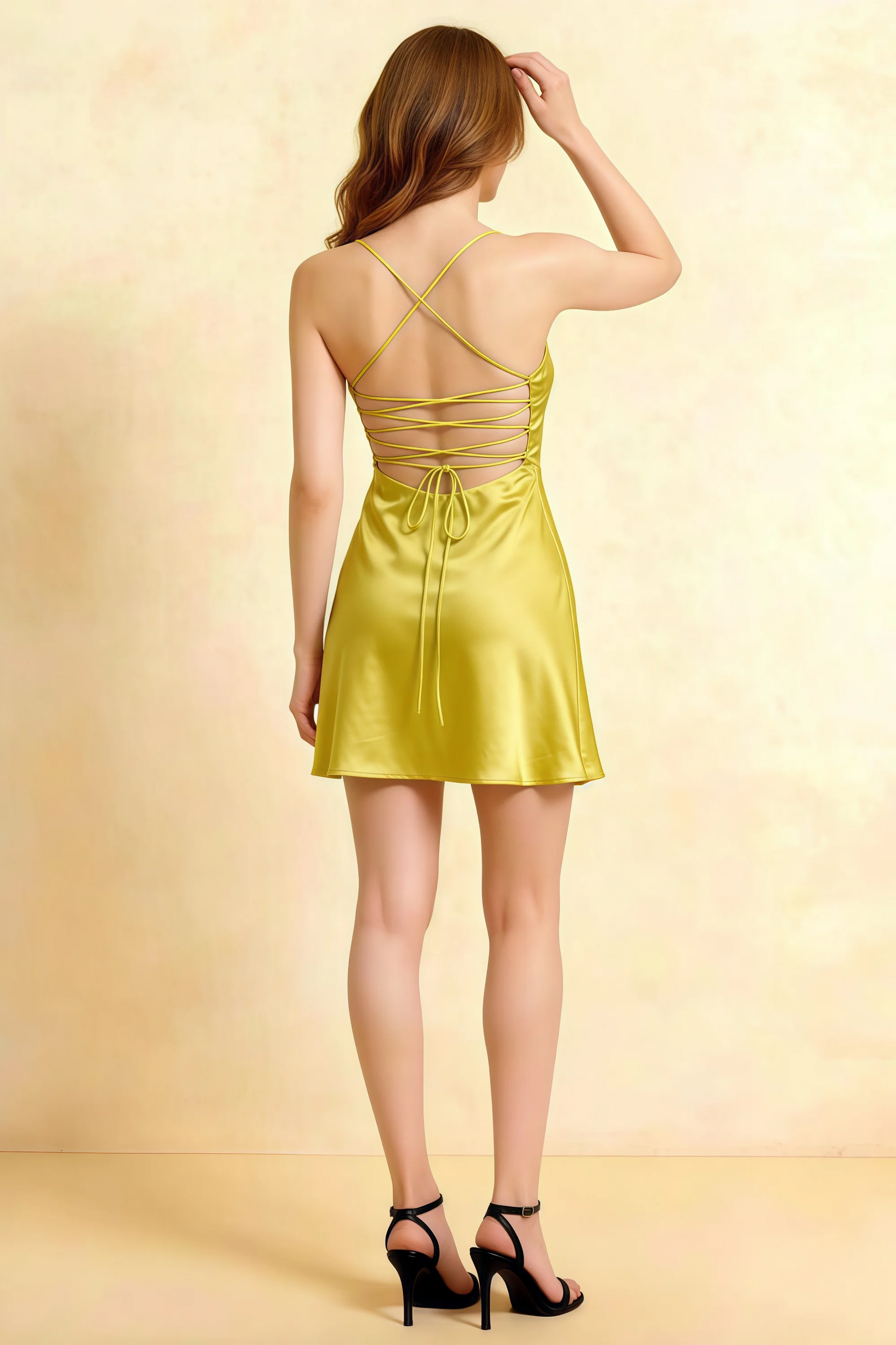 Amy Pastel Yellow Open Back Mini Dress with Beaded Detail