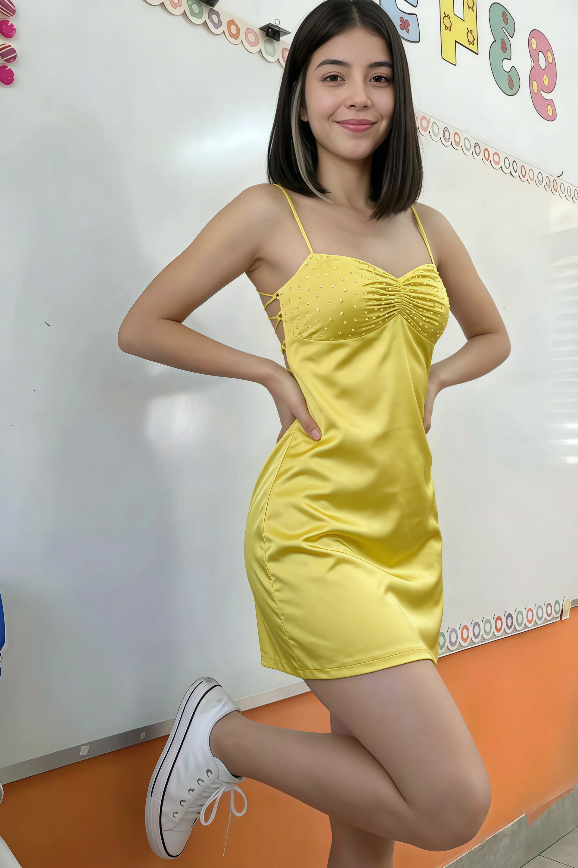 Amy Pastel Yellow Open Back Mini Dress with Beaded Detail