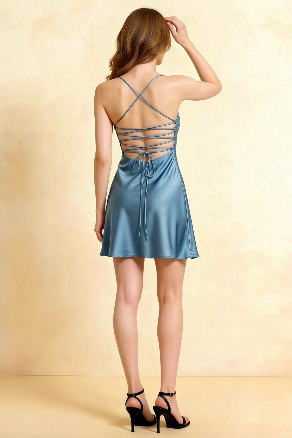 Amy Powder Blue Open Back Mini Dress with Beaded Detail