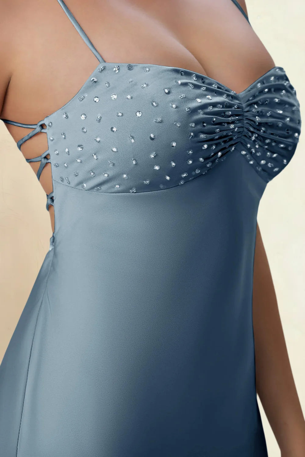 Amy Powder Blue Open Back Mini Dress with Beaded Detail