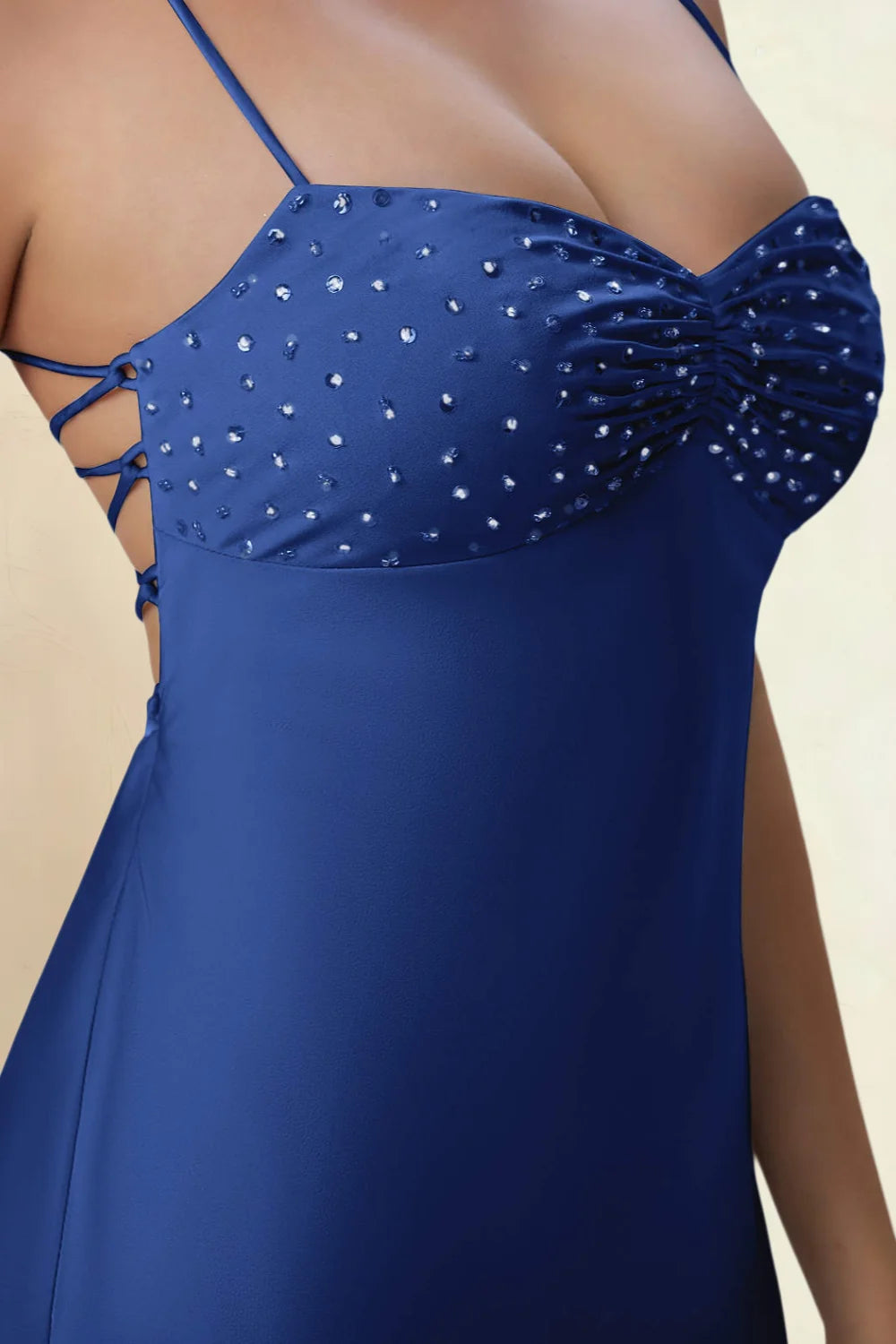 Amy Royal Blue Open Back Mini Dress with Beaded Detail