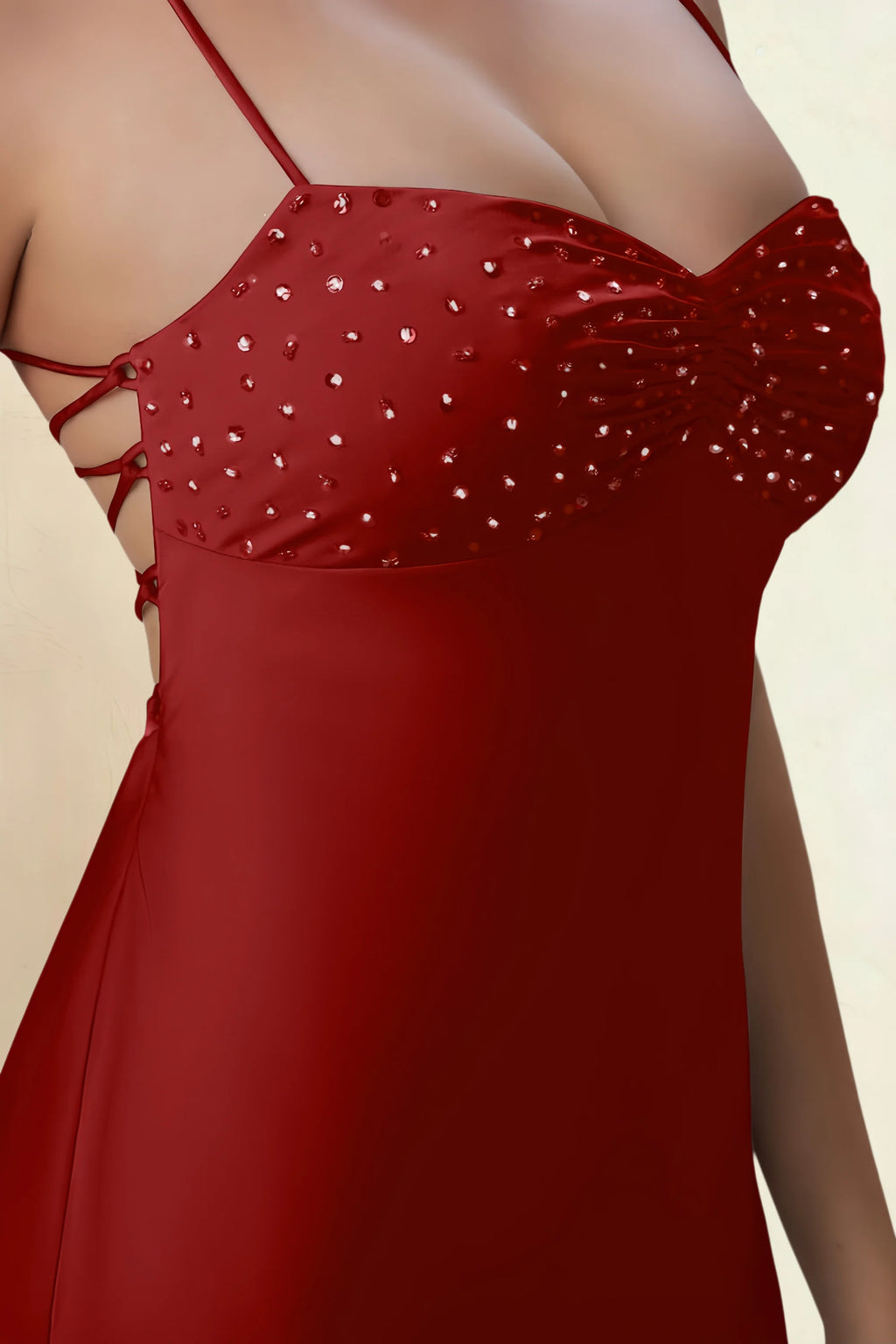 Amy Ruby Red Open Back Mini Dress with Beaded Detail