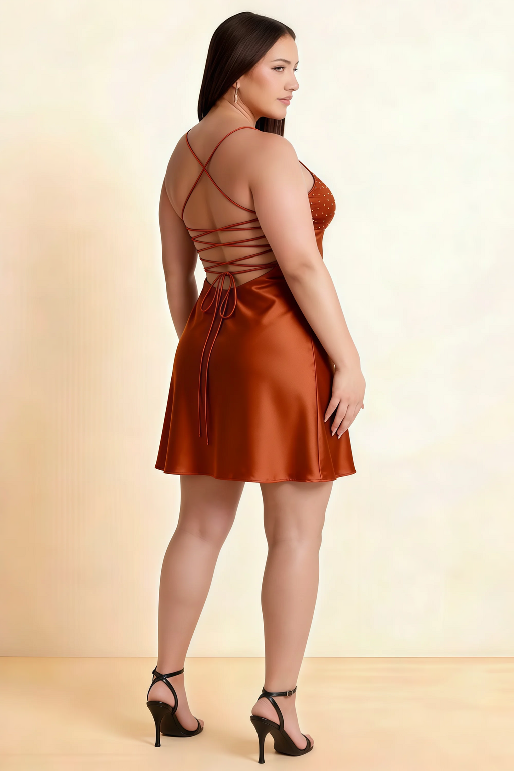 Amy Rust Open Back Mini Dress with Beaded Detail