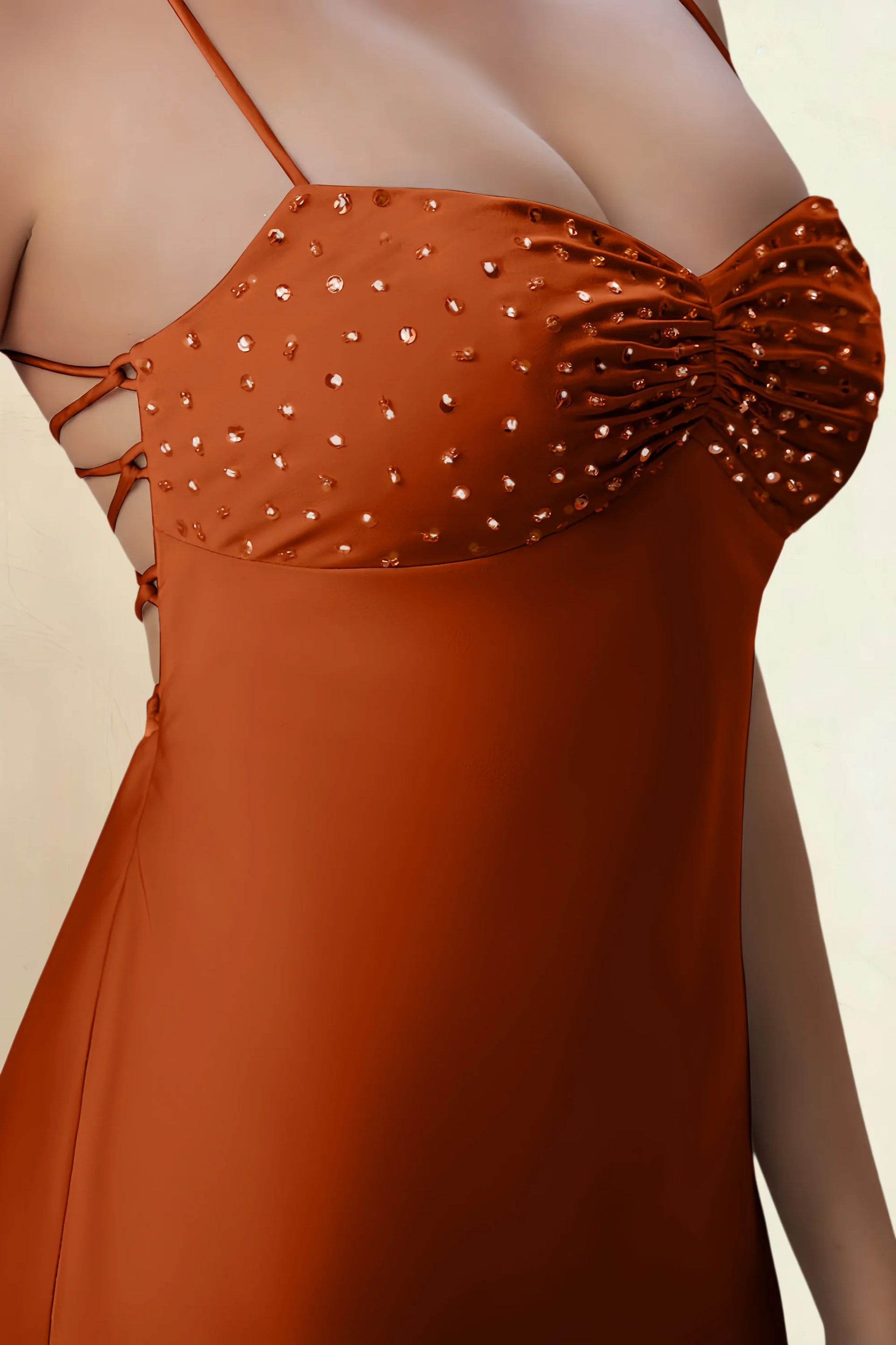 Amy Rust Open Back Mini Dress with Beaded Detail