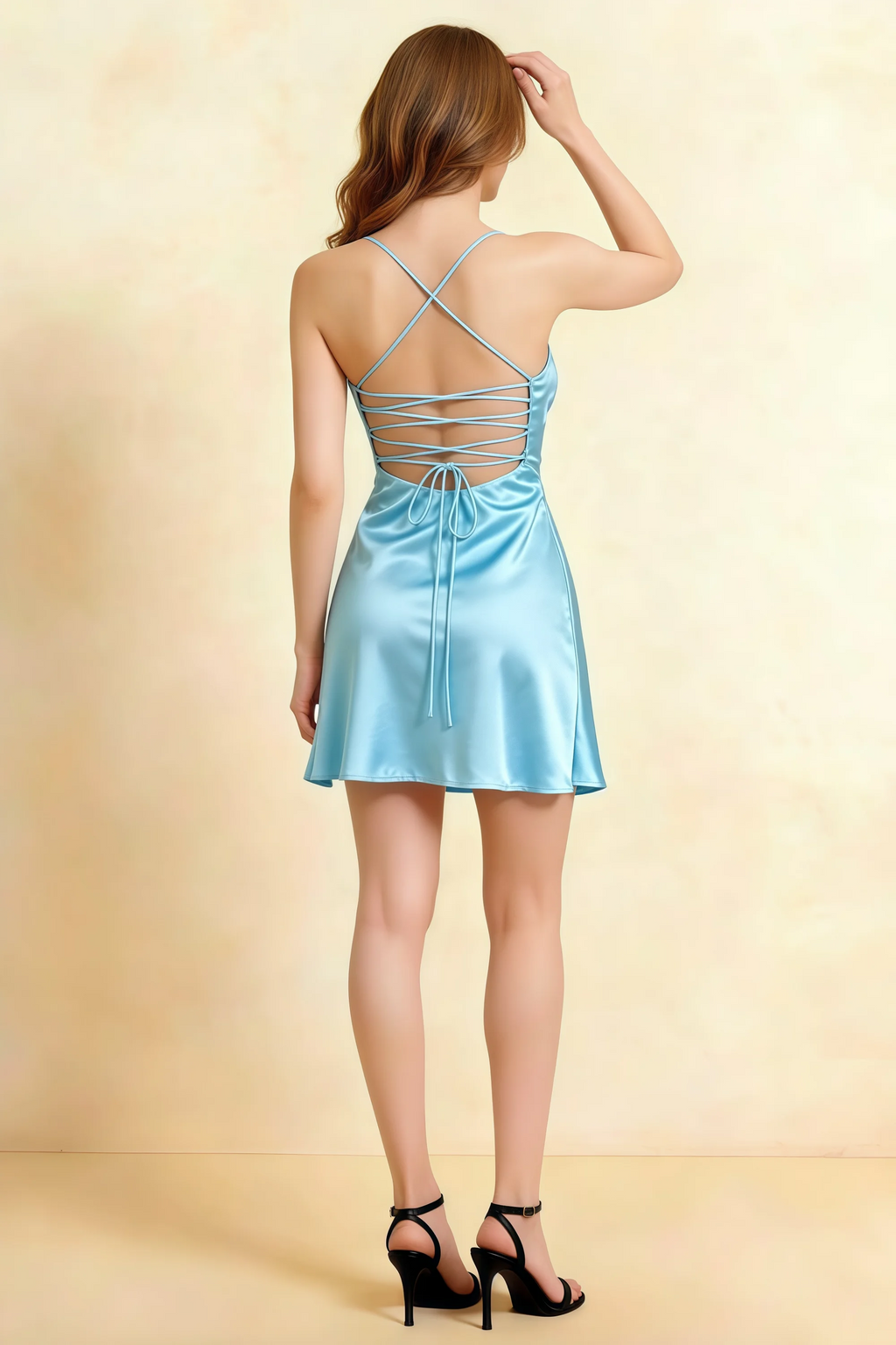 Amy Sky Blue Open Back Mini Dress with Beaded Detail