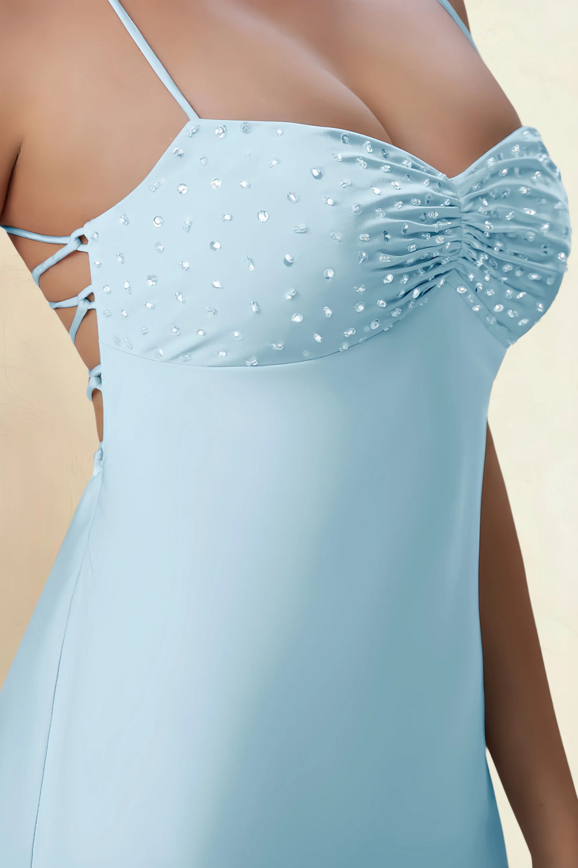 Amy Sky Blue Open Back Mini Dress with Beaded Detail