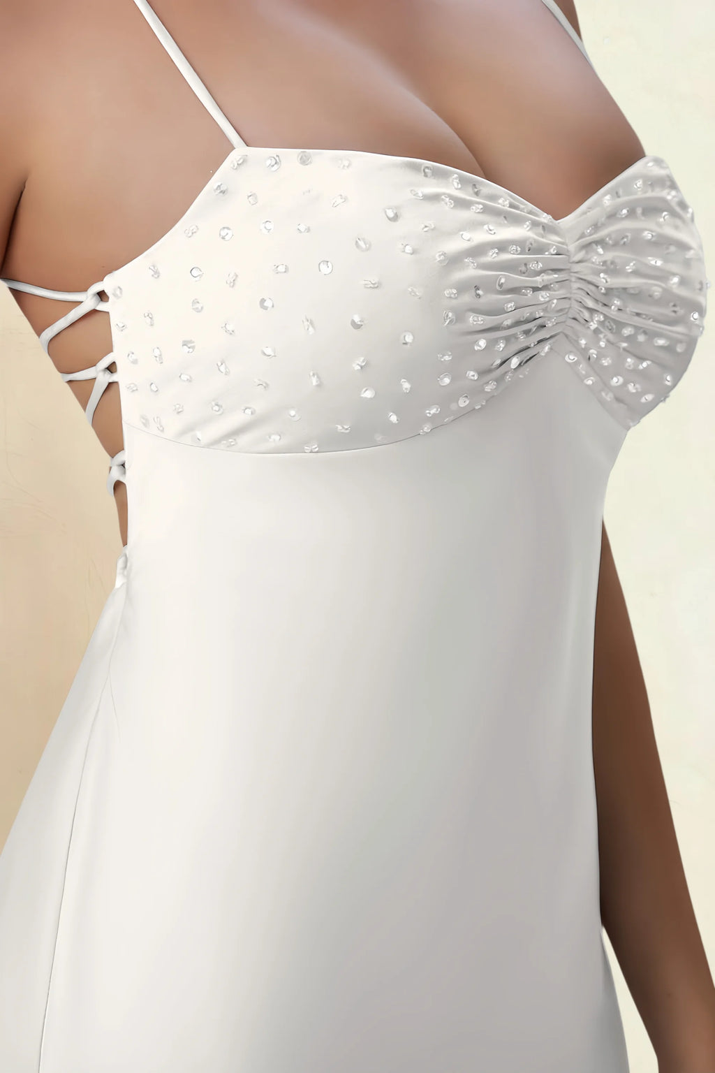 Amy White Open Back Mini Dress with Beaded Detail