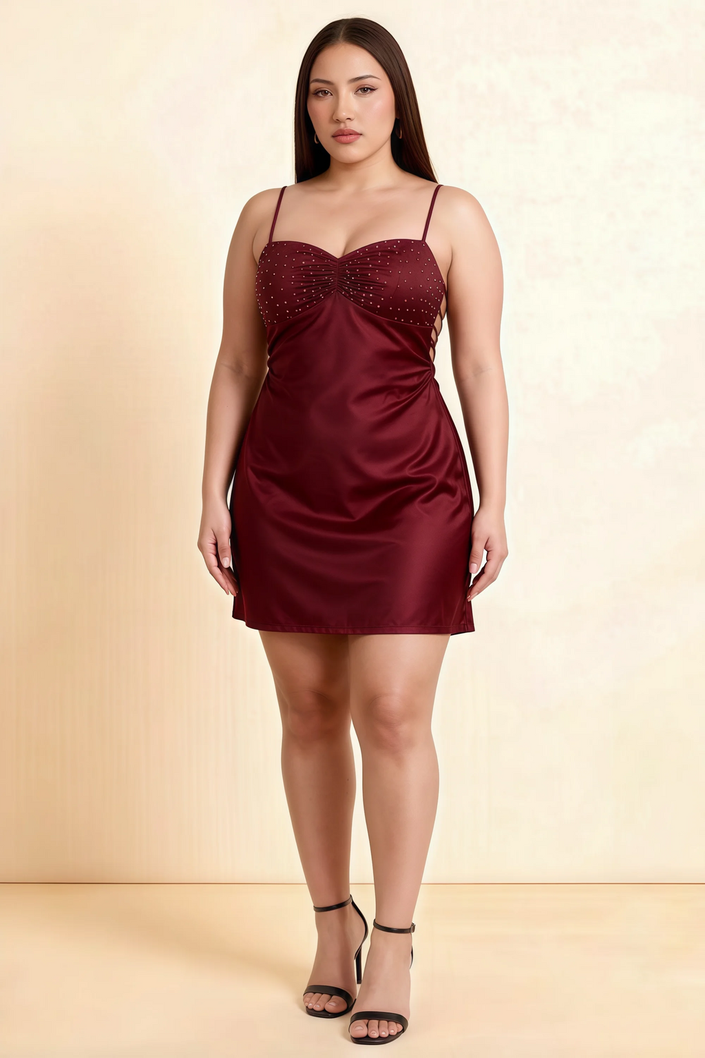 Amy Wine Open Back Mini Dress with Beaded Detail
