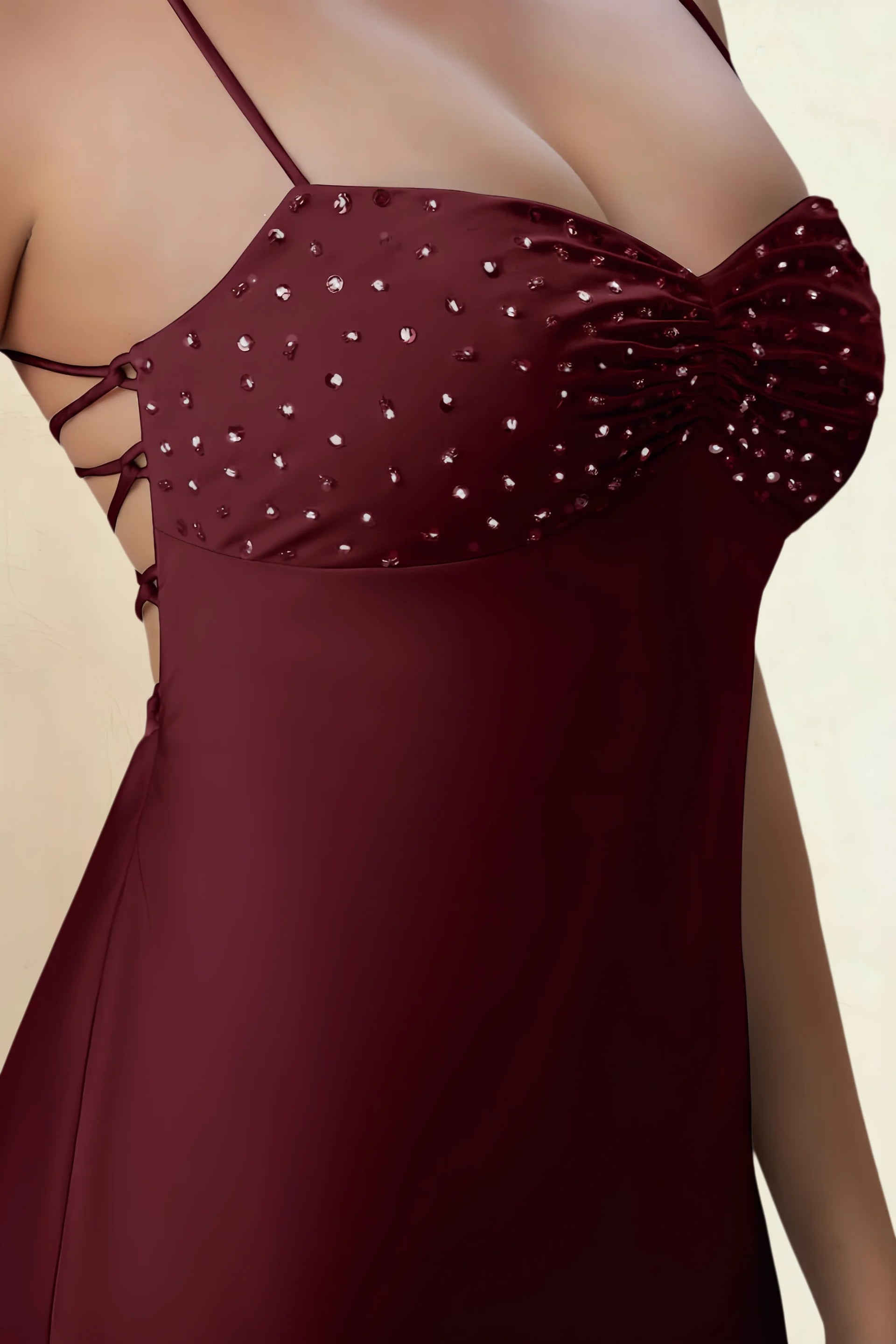 Amy Wine Open Back Mini Dress with Beaded Detail