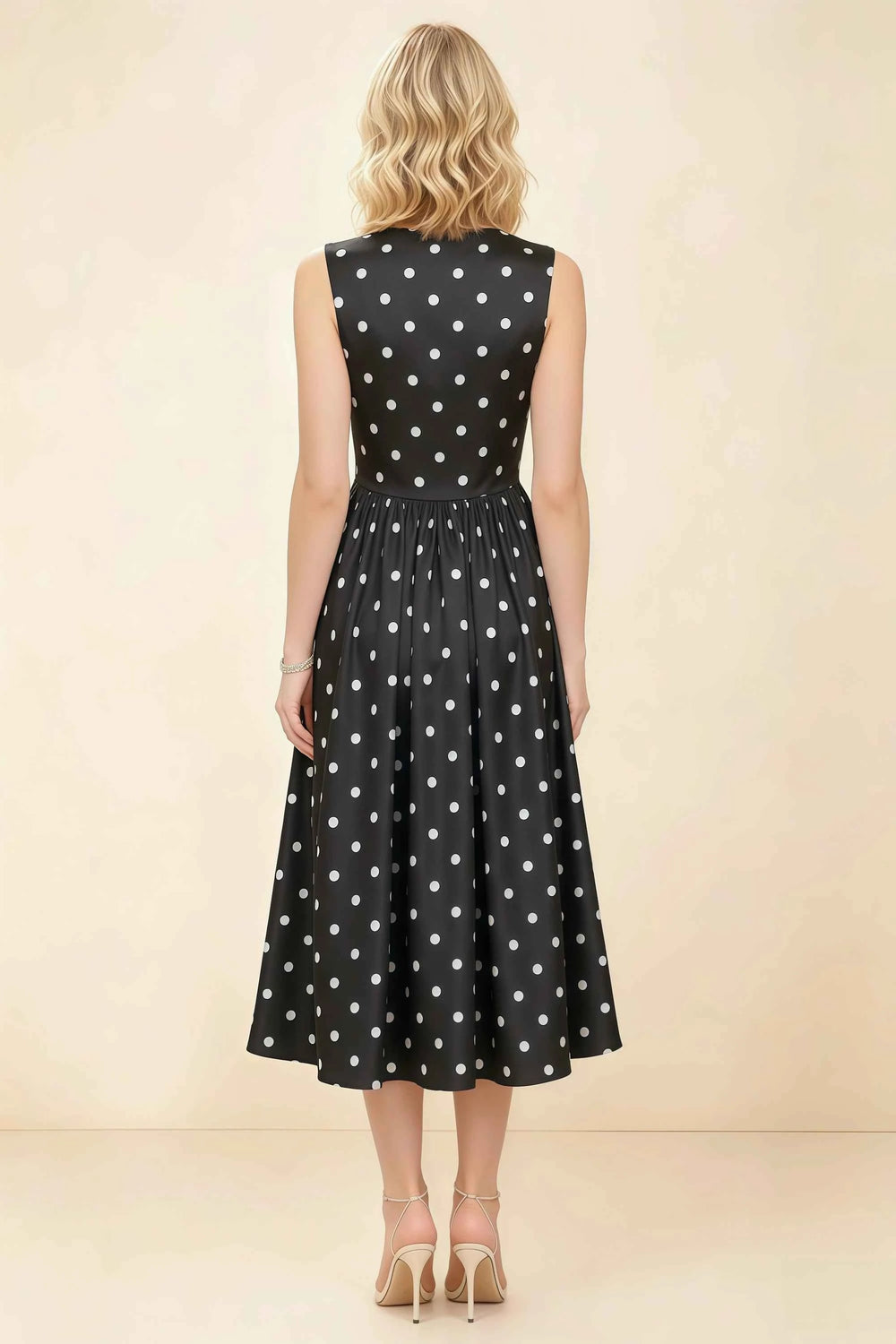 Translation missing: en.Back view of the LVLVS Anabelle black polka dot midi dress, showing the covered back, fitted waist and gathered midi skirt. content.product_image_secondary
