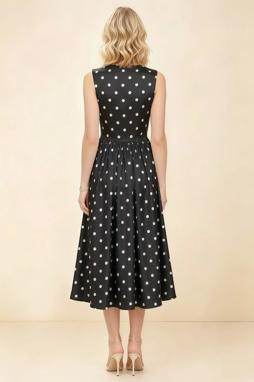 Anabelle Black Polka Dot Sleeveless Square Neck Midi Dress