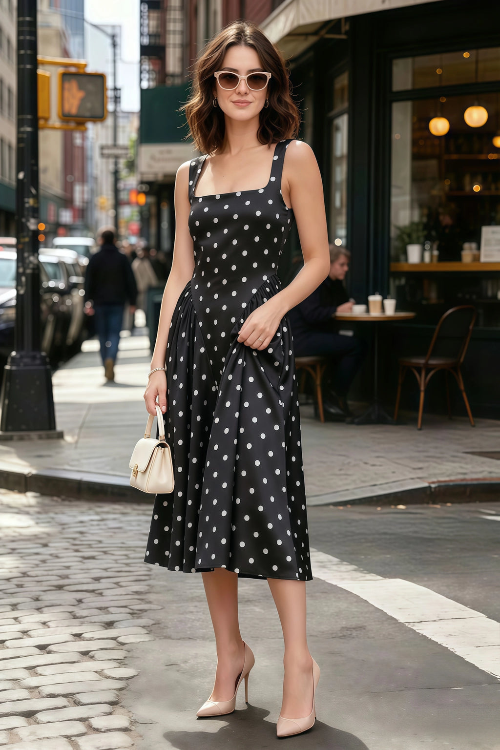 Anabelle Black Polka Dot Sleeveless Square Neck Midi Dress