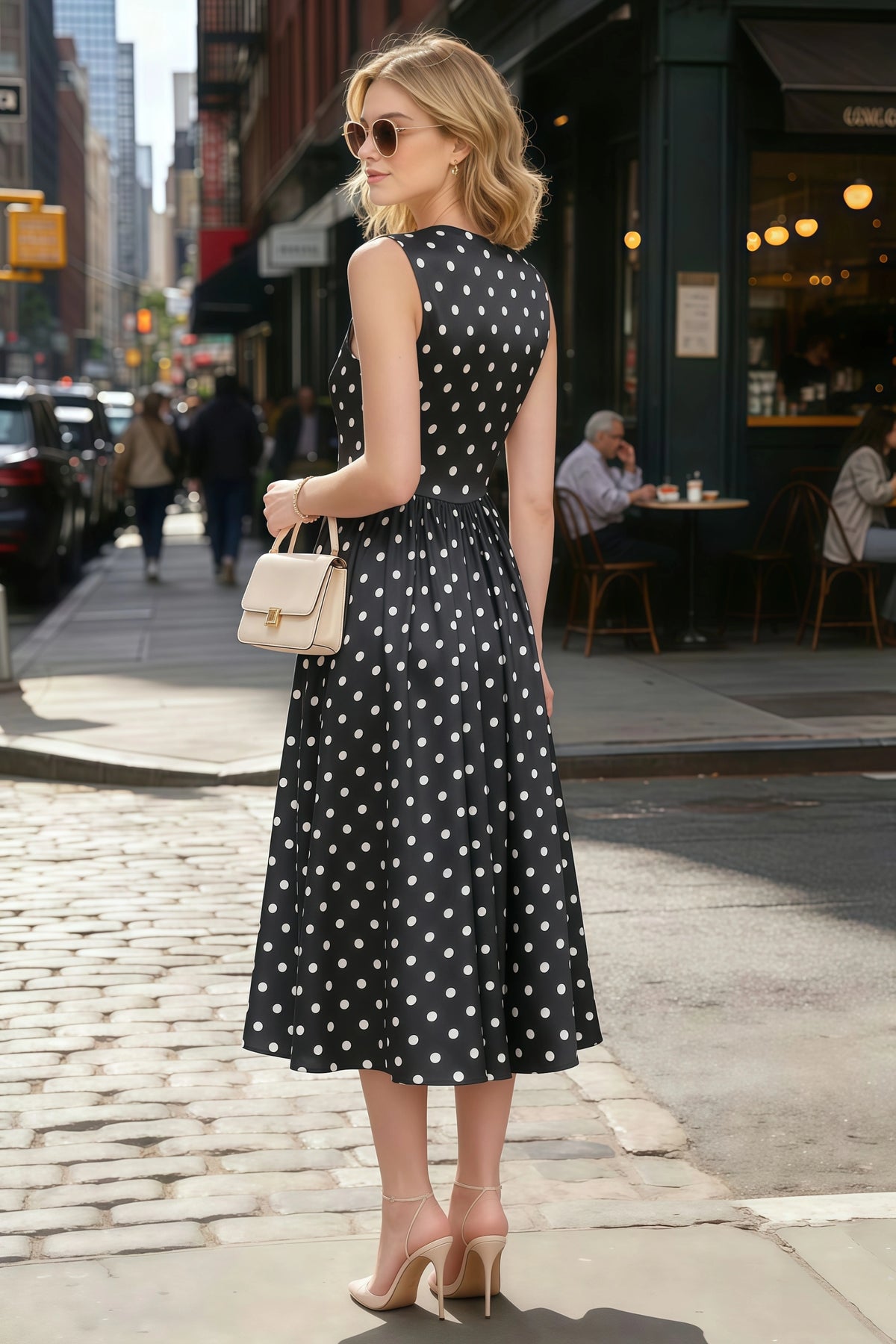 Anabelle Black Polka Dot Sleeveless Square Neck Midi Dress