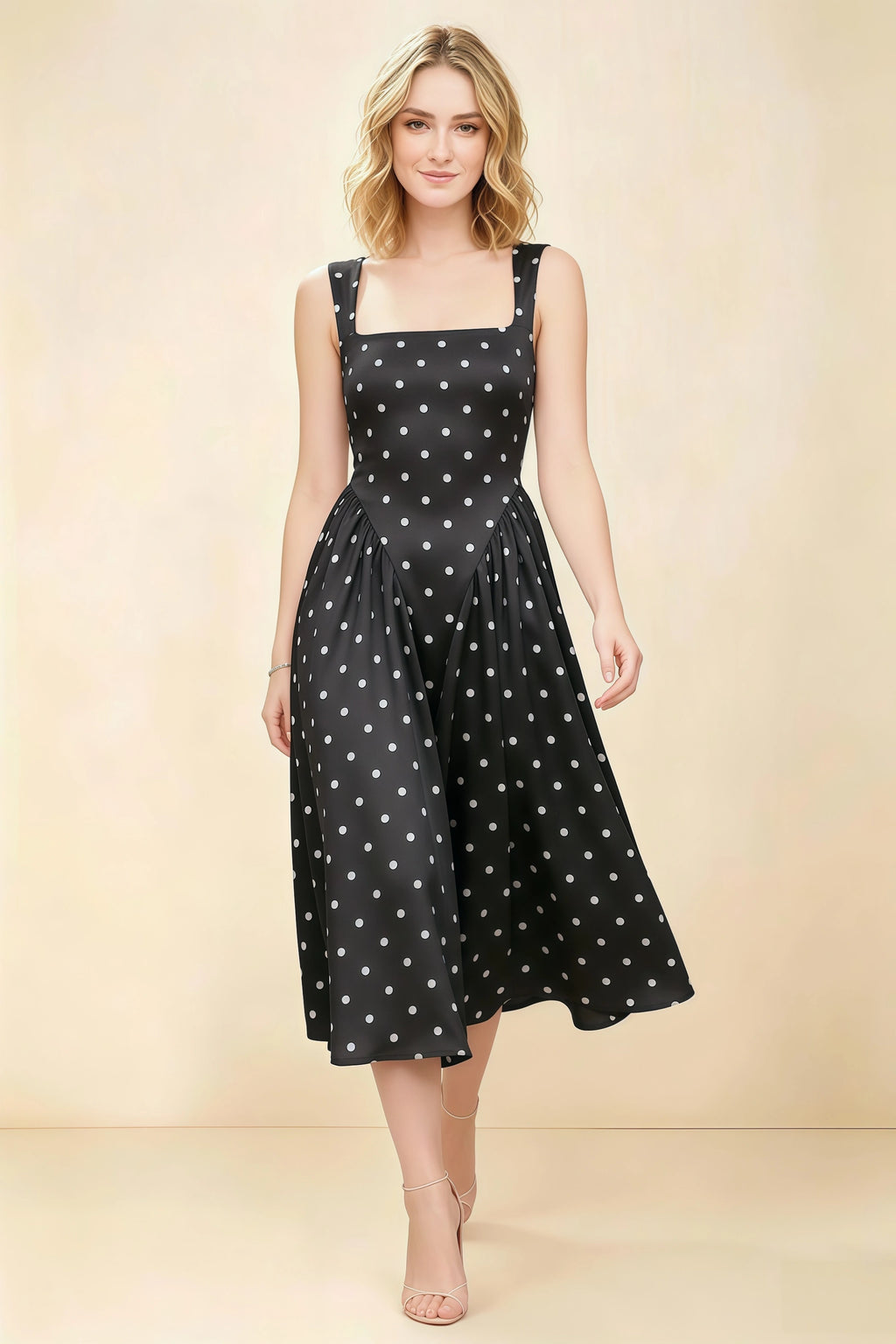 Anabelle Black Polka Dot Sleeveless Square Neck Midi Dress