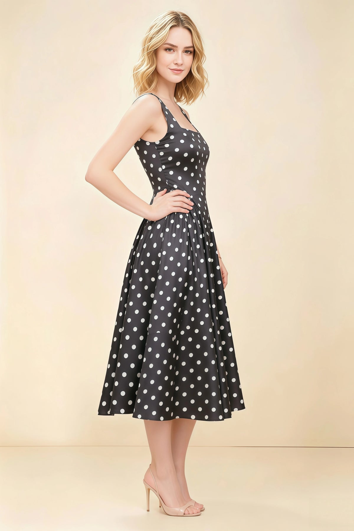 Anabelle Black Polka Dot Sleeveless Square Neck Midi Dress