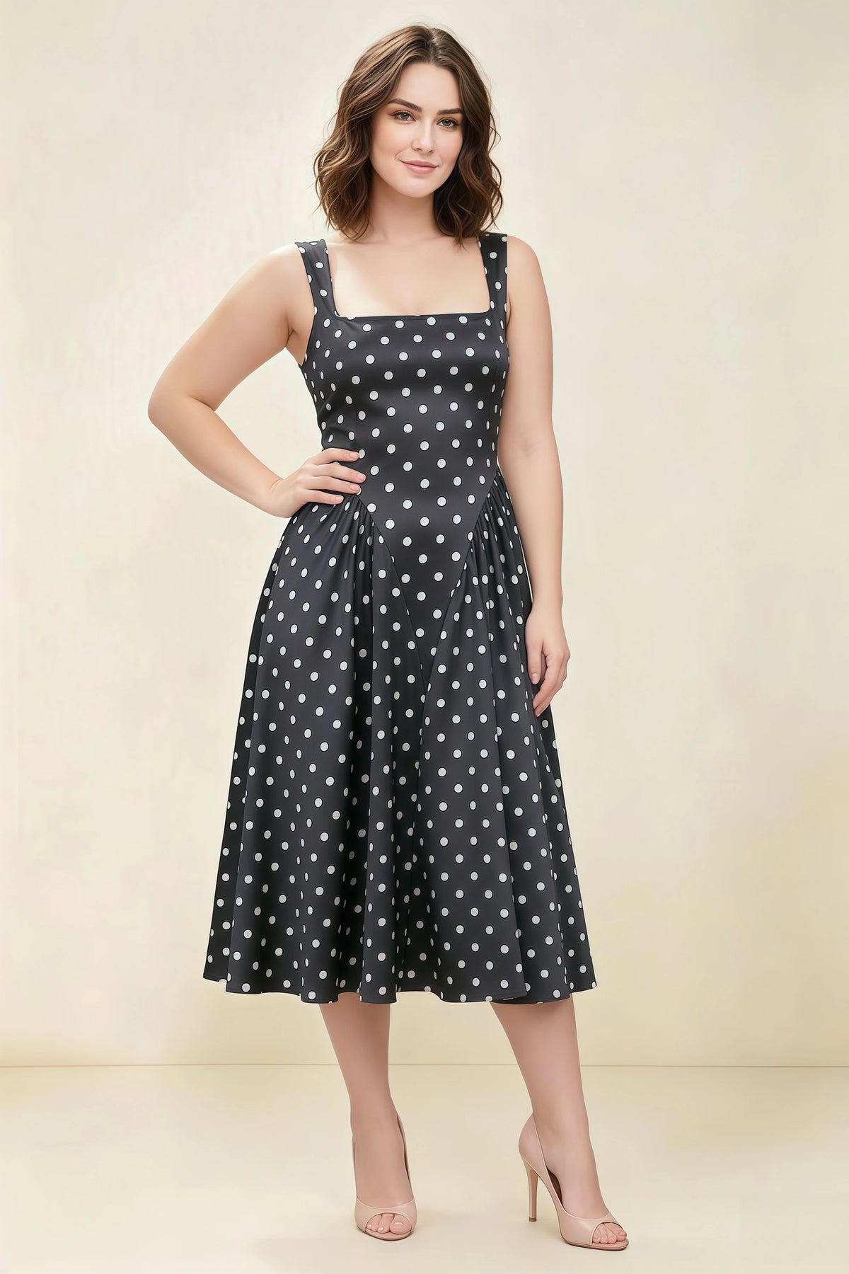 Anabelle Black Polka Dot Sleeveless Square Neck Midi Dress