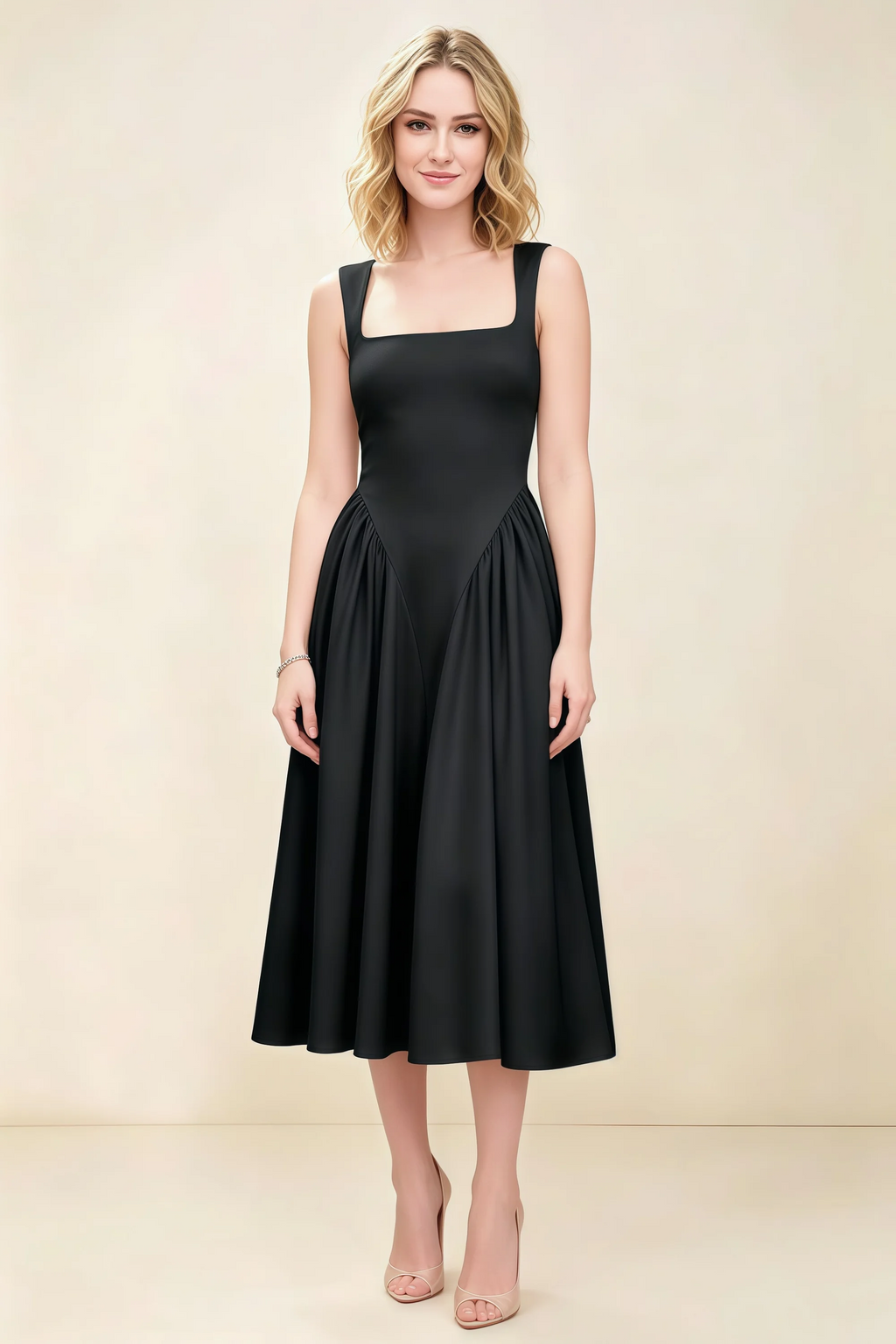 Anabelle Black Sleeveless Square Neck Midi Dress