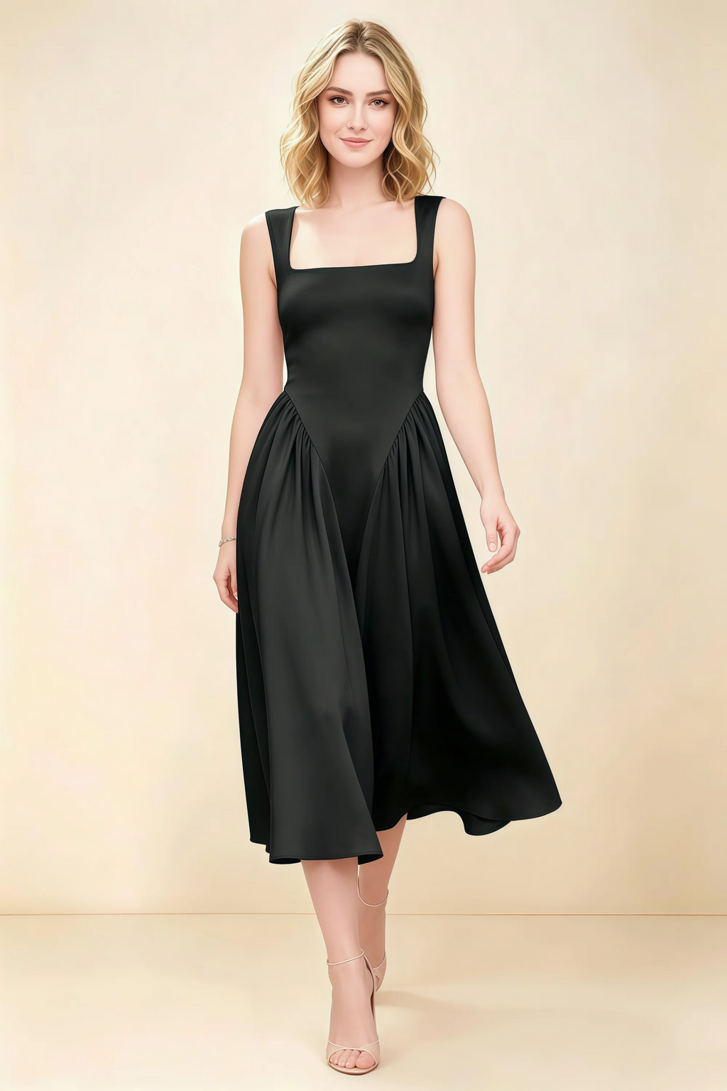 Anabelle Black Sleeveless Square Neck Midi Dress